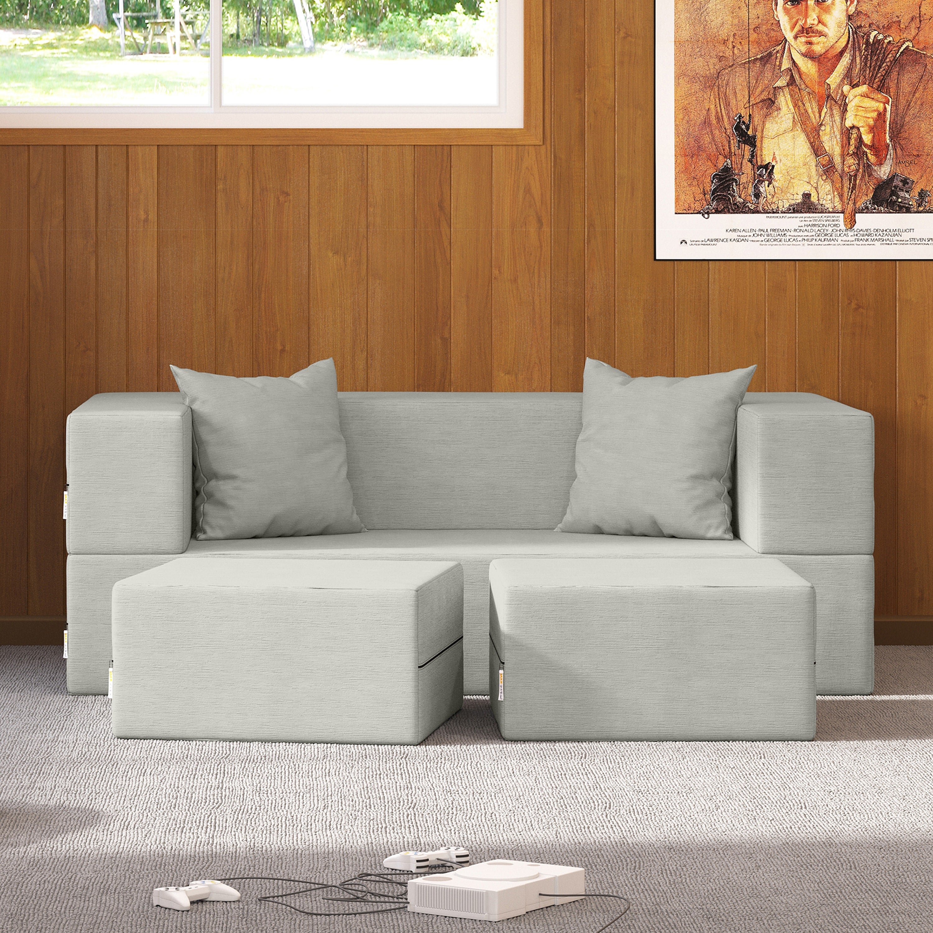 Jaxx Zipline Convertible Sleeper Loveseat & Ottomans, Textured Microvelvet - Ice