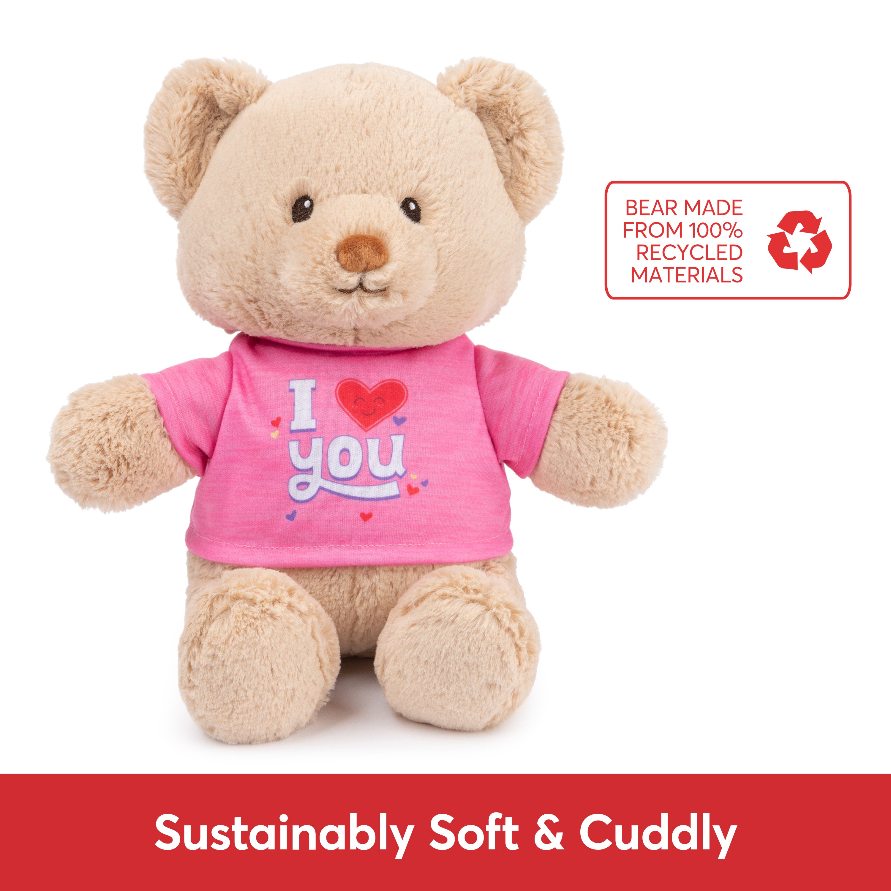 GUND “I Love You” Sustainable Message Bear with Pink T-Shirt, Teddy Bear Made from 100% Recycled Materials for Ages 1 and Up, Tan, 12”