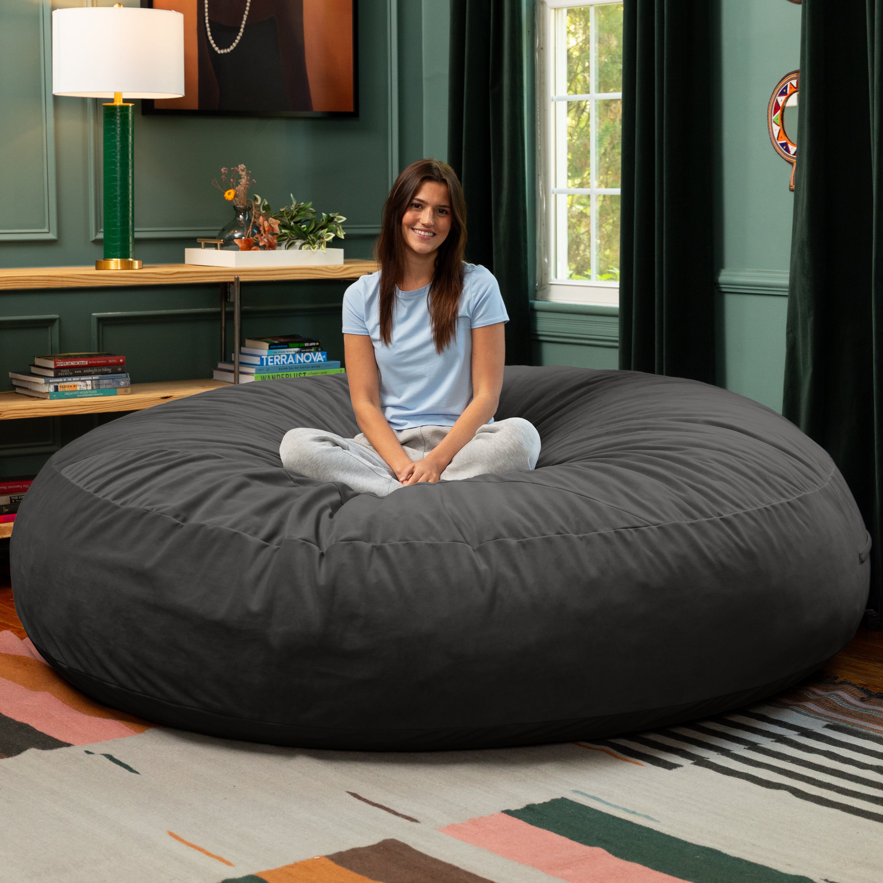 Jaxx 7 Foot Cocoon - 2-in-1 Convertible Bean Bag Bed & Large Bean Bag Chair for Adults, Lush Velvet Black