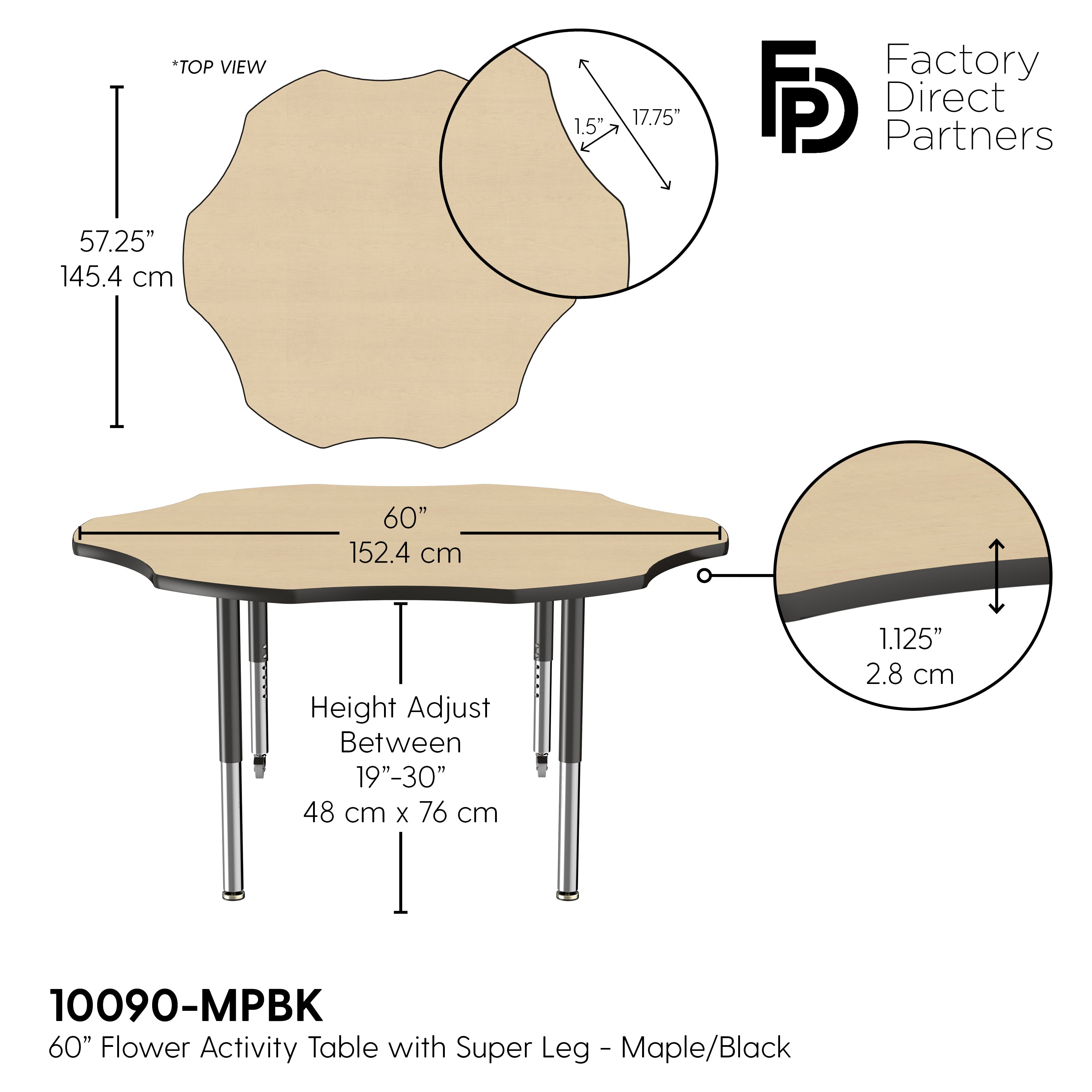 60" x 60" Flower T-Molding Activity Table with Adjustable Super Legs - Maple/Black