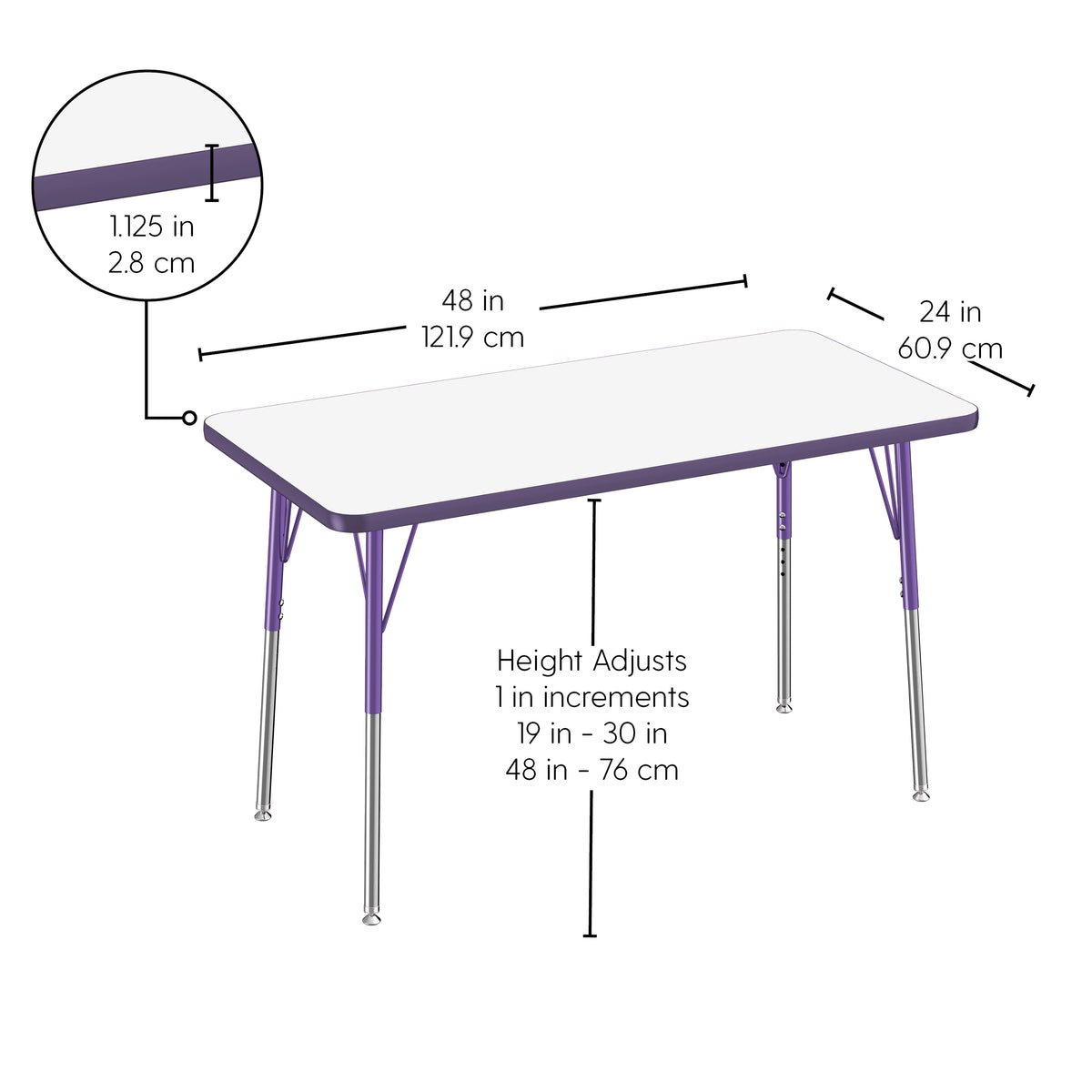 24" x 48" Rectangle Dry-Erase Activity Table with Adjustable Standard Swivel Glide Legs - Whiteboard/Eggplant/Purple
