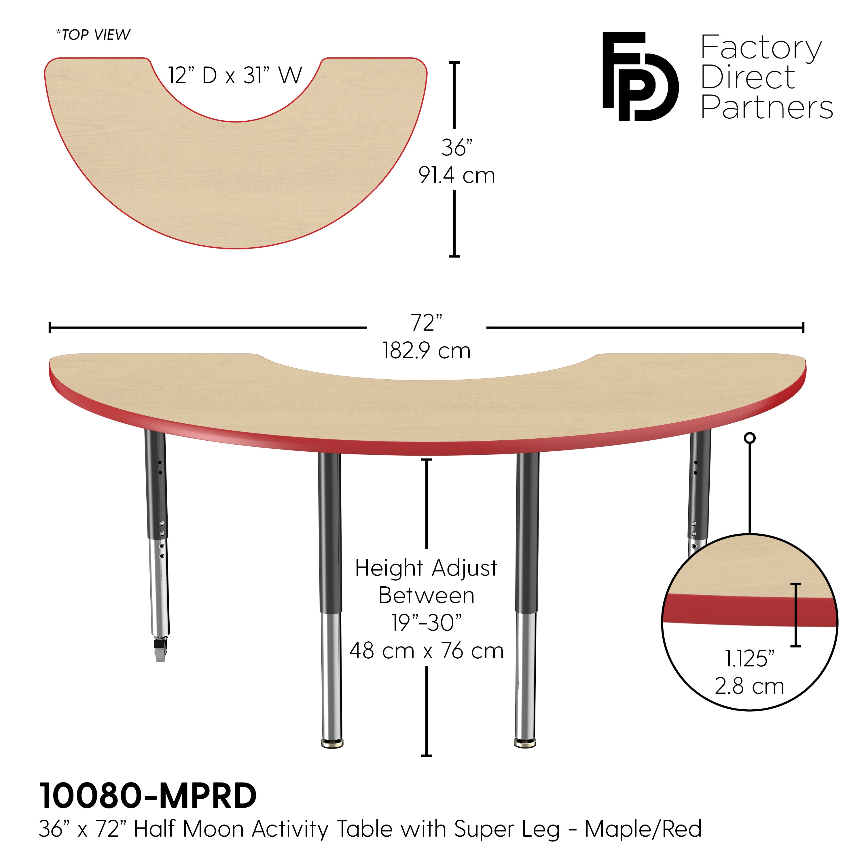 36" x 72" Half Moon T-Molding Activity Table with Adjustable Super Legs - Maple/Red/Black
