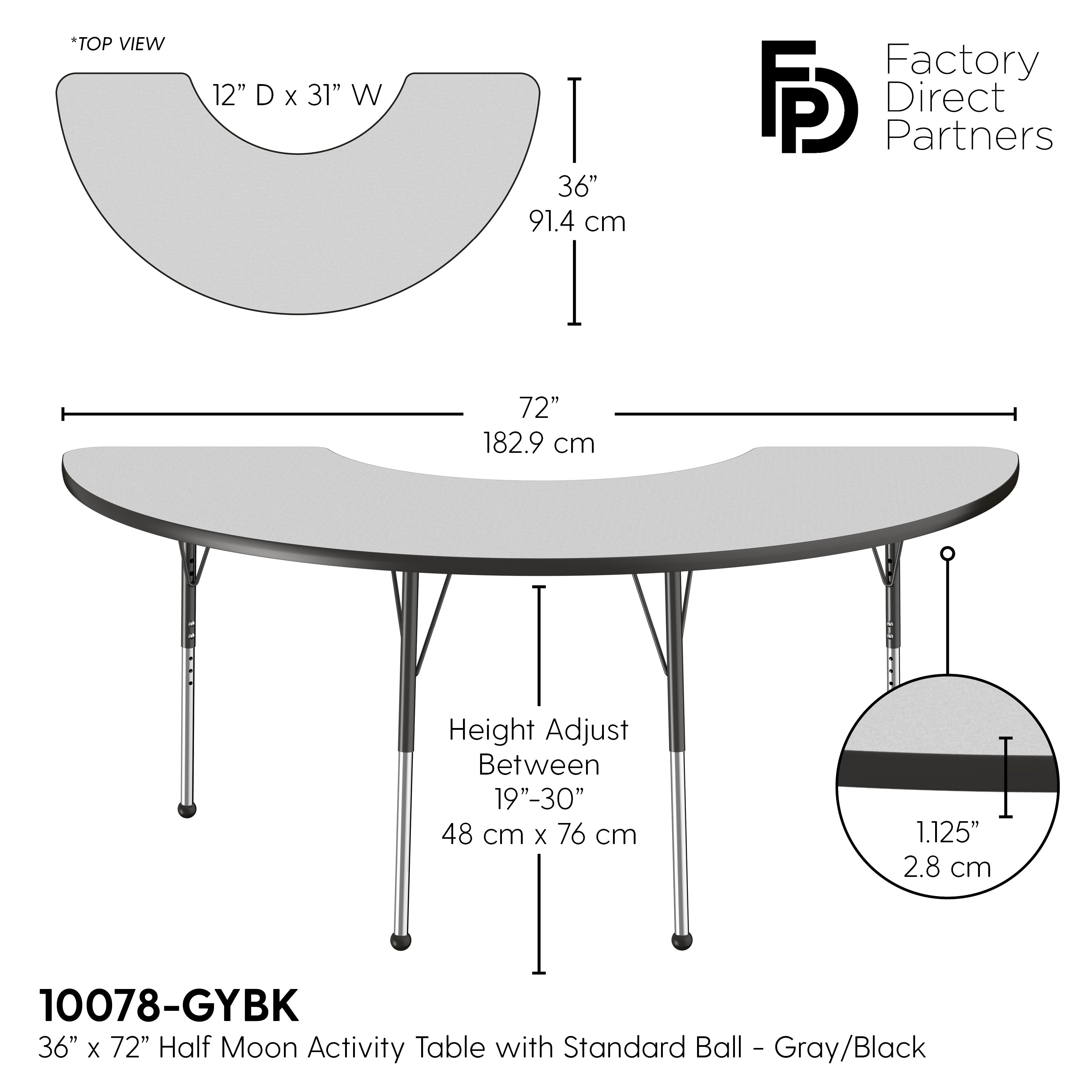 36" x 72" Half Moon T-Molding Activity Table with Adjustable Standard Ball Glide Legs - Gray/Black