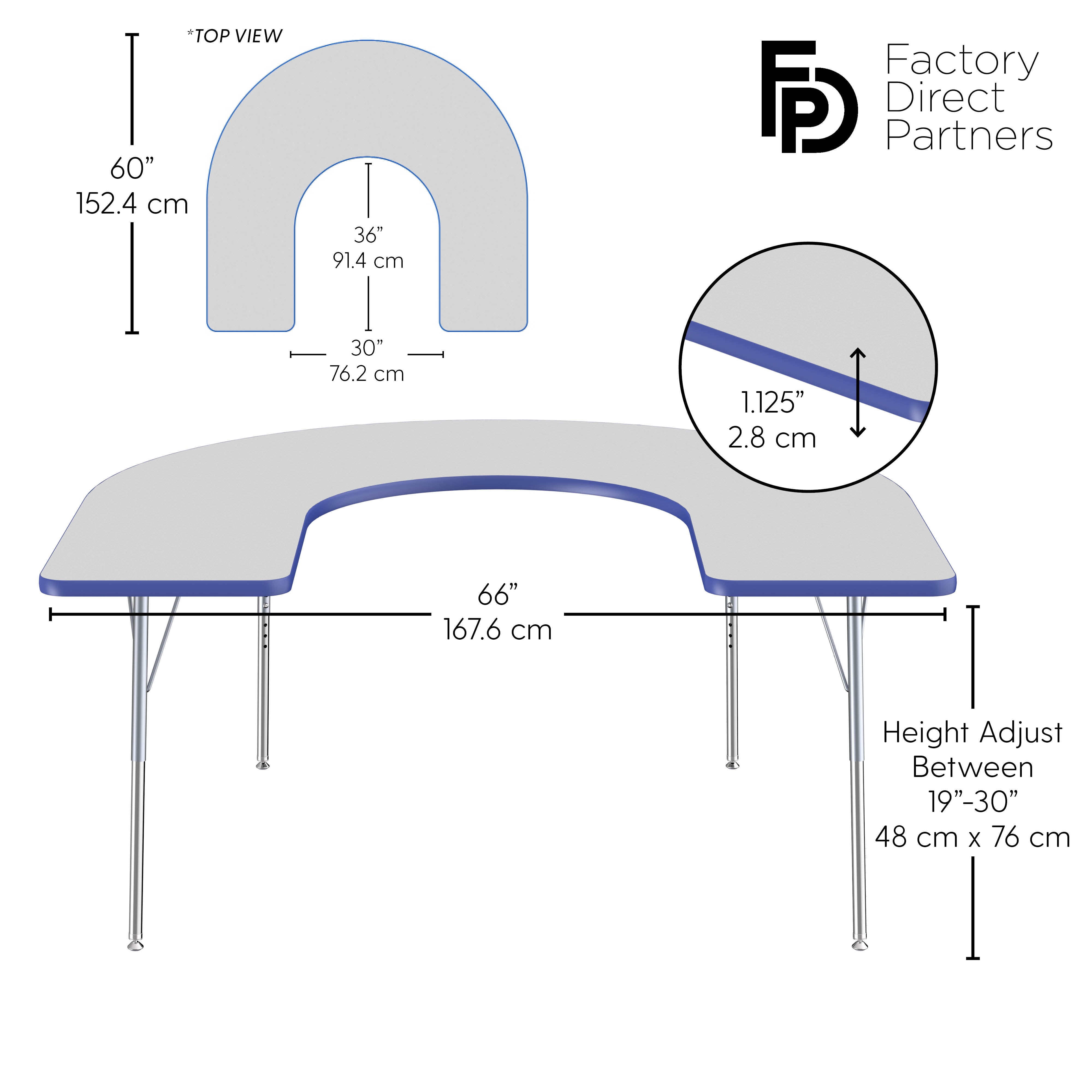 60" x 66" Horseshoe T-Molding Activity Table with Adjustable Standard Swivel Glide Legs - Gray/Blue/Silver