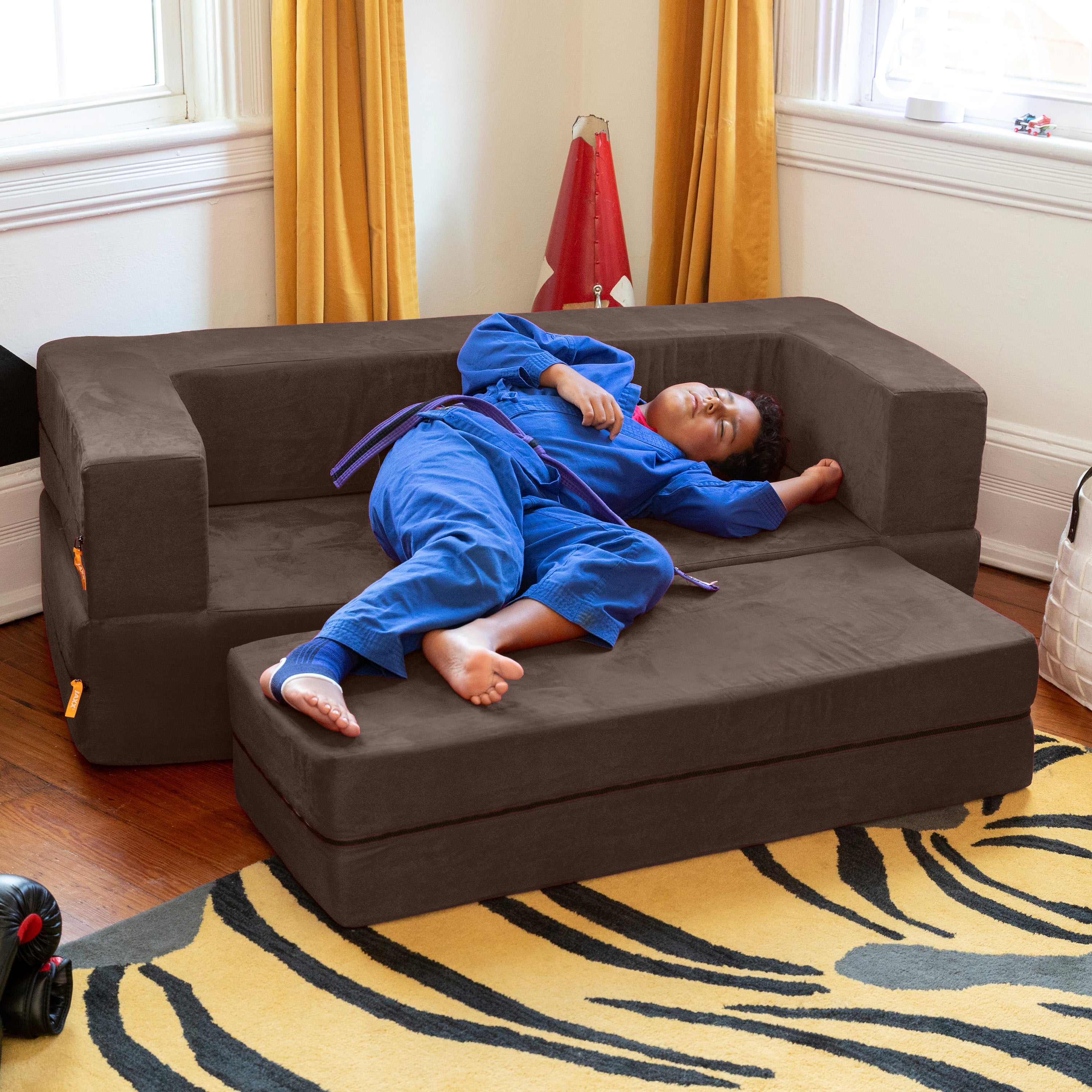 Jaxx Zipline Kids Sofa & Large Ottoman, 3 in 1 Fold Out Sofa, Big Kids Edition, Chocolate
