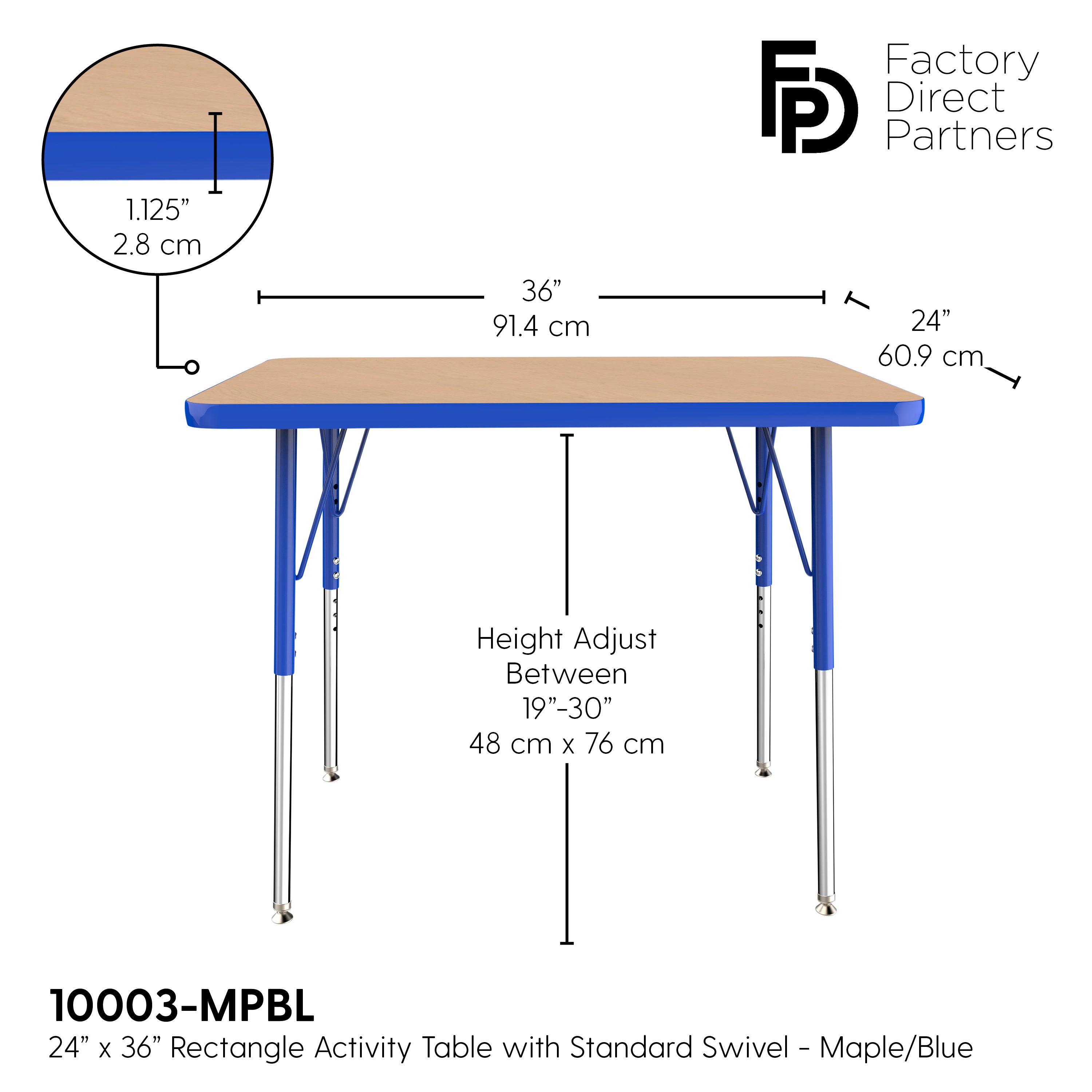 24" x 36" Rectangle T-Molding Activity Table with Adjustable Standard Swivel Glide Legs - Maple/Blue