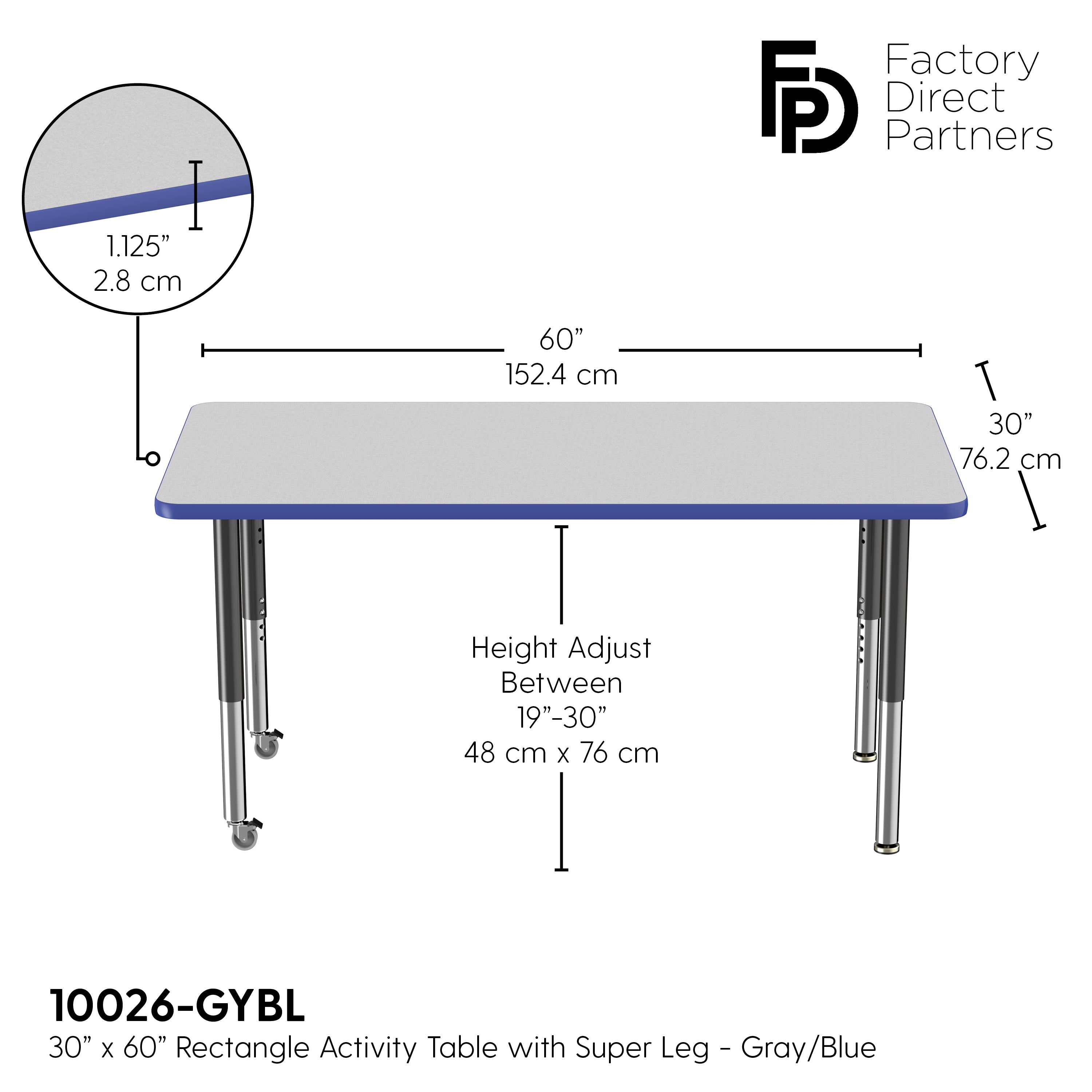 30" x 60" Rectangle T-Molding Activity Table with Adjustable Super Legs - Gray/Blue/Black