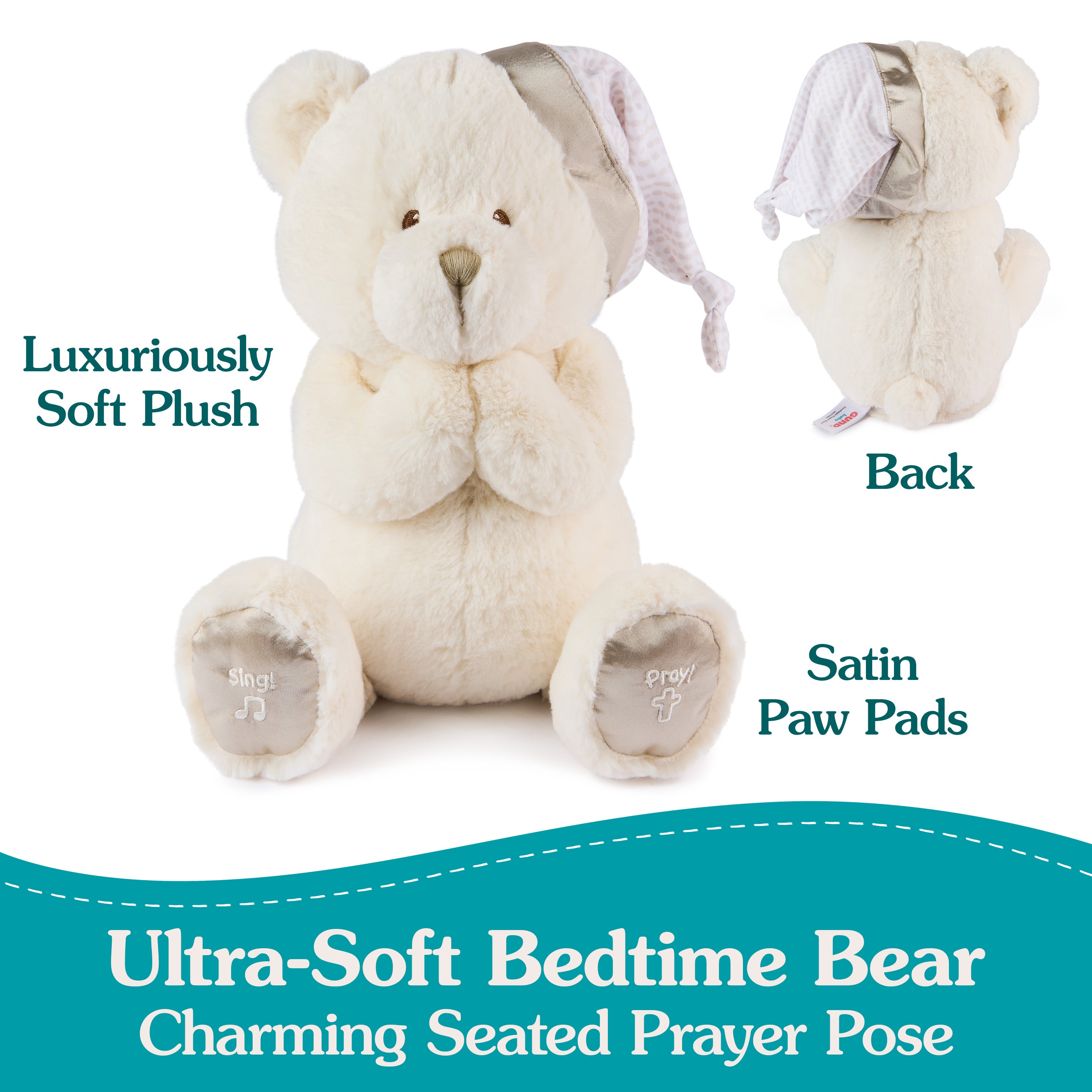 GUND Animated Goodnight Prayer Bear, Spiritual Plush Teddy Bear, Sensory Toy Stuffed Animal for Ages 0 and Up, Cream, 11"