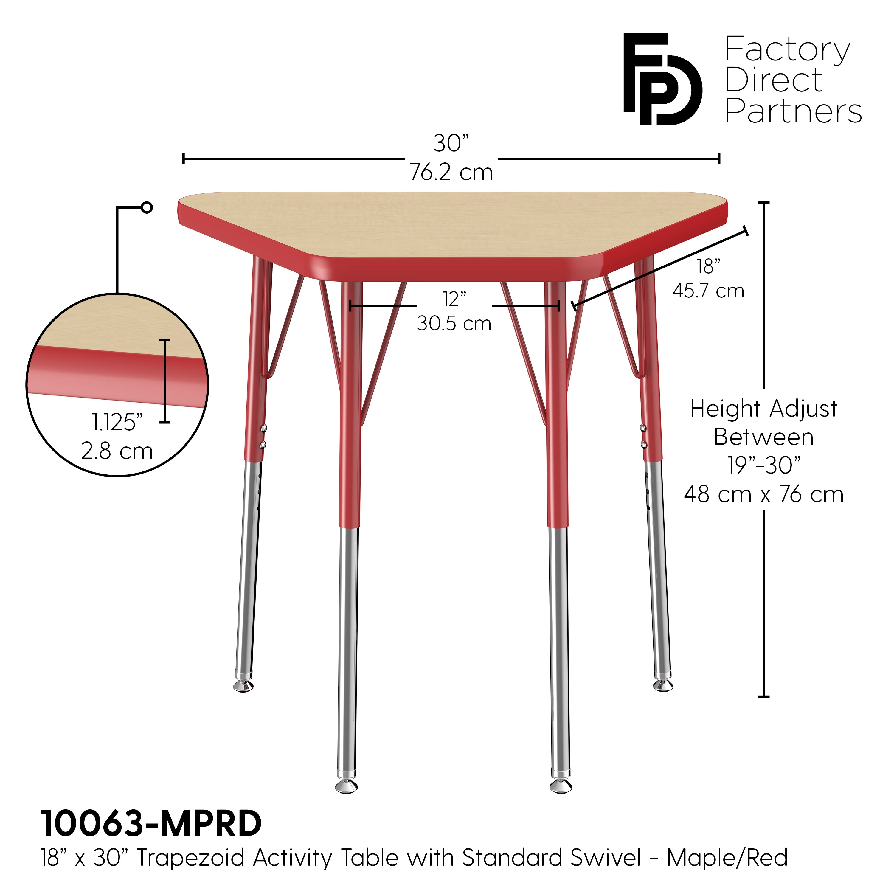 18" x 30" Trapezoid T-Molding Activity Table with Adjustable Standard Swivel Glide Legs - Maple/Red