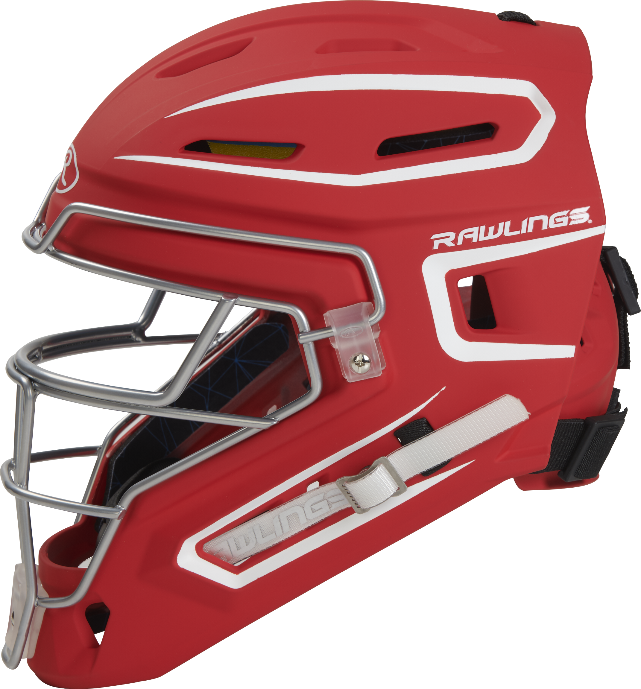 Rawlings Mach Matte 2-Tone Hockey Style Senior Catchers Helmet - Scarlet/White