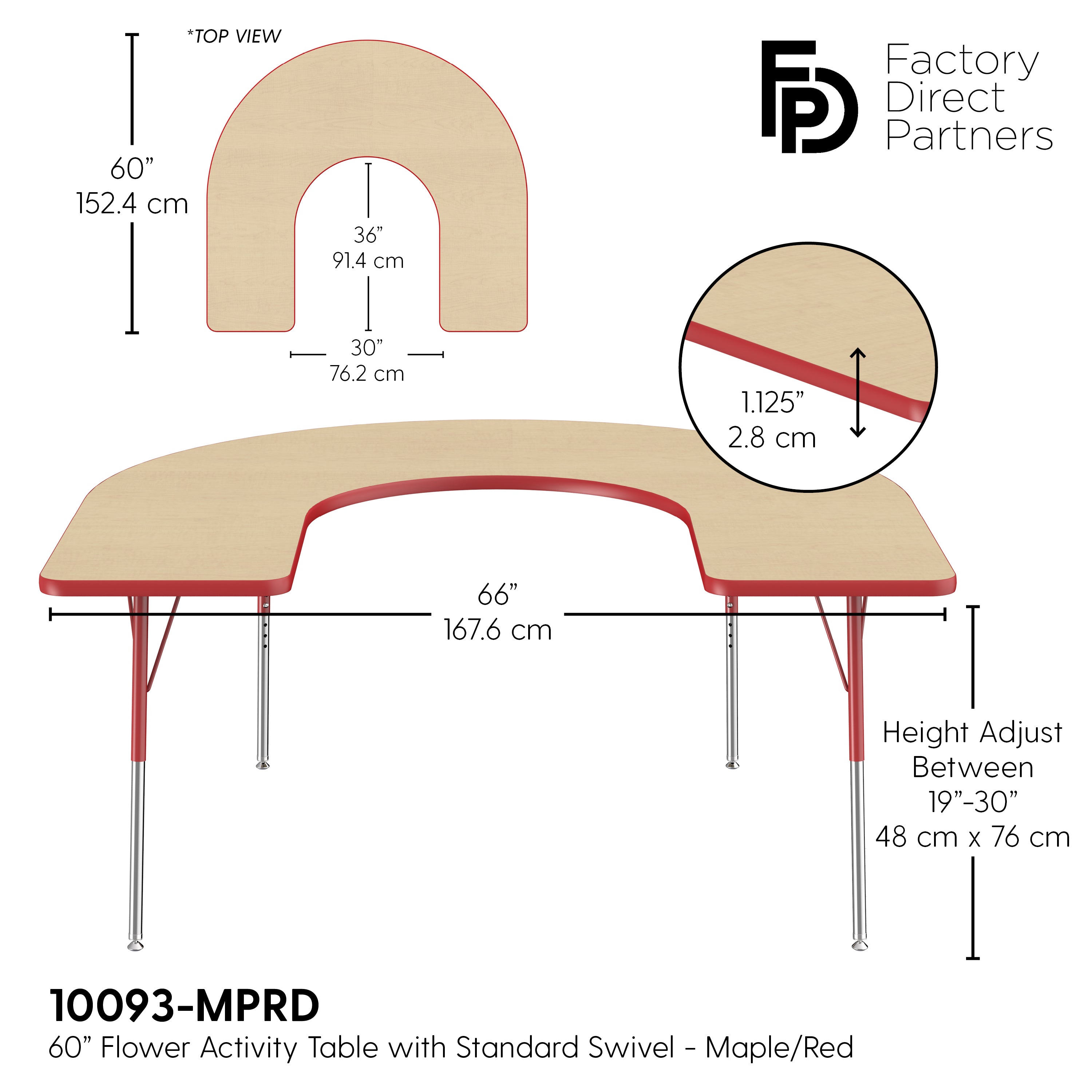 60" x 66" Horseshoe T-Molding Activity Table with Adjustable Standard Swivel Glide Legs - Maple/Red