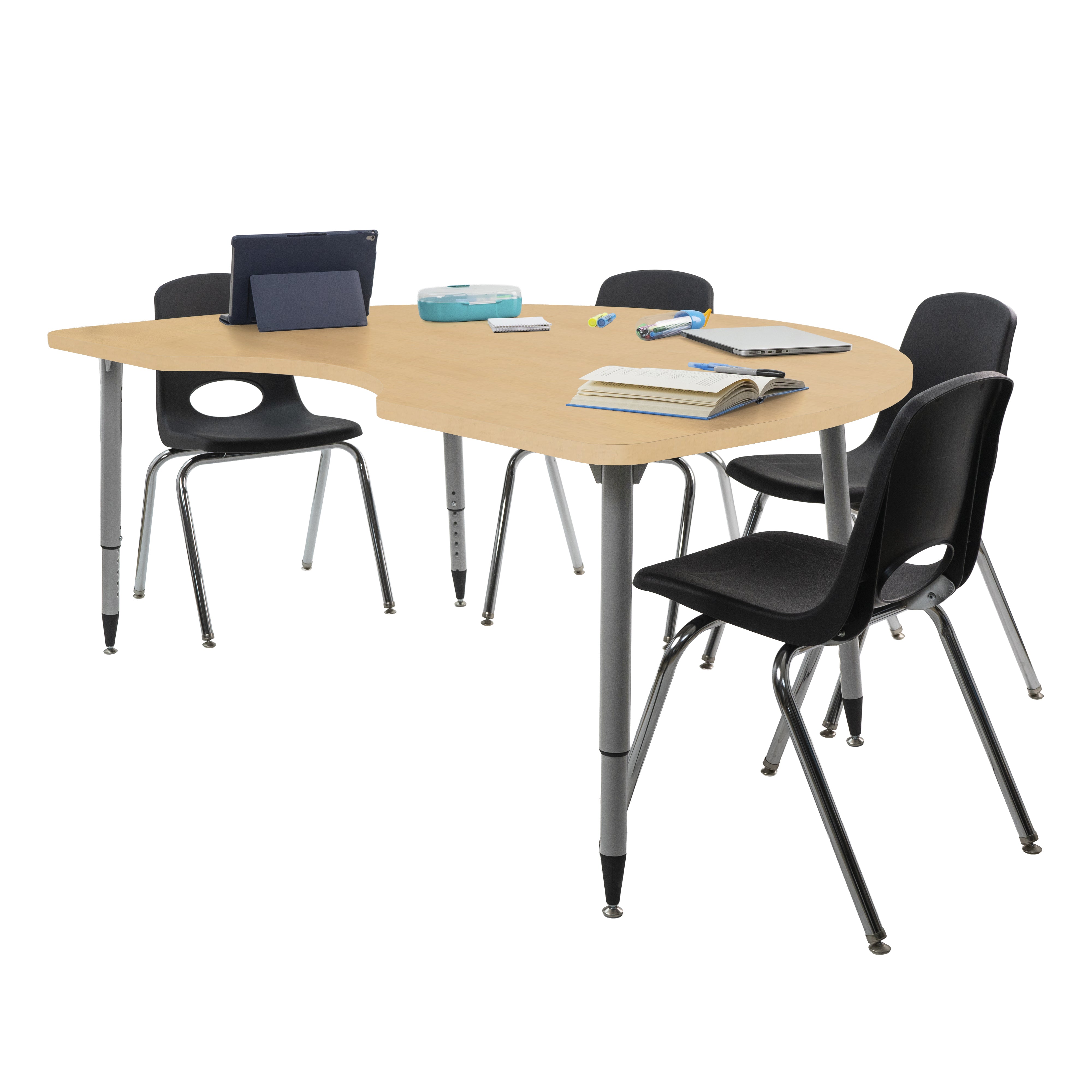 Adapte 48" x 72" Kidney Woodgrain Activity Table with Adjustable Tapered Legs - Maple Grain/Silver
