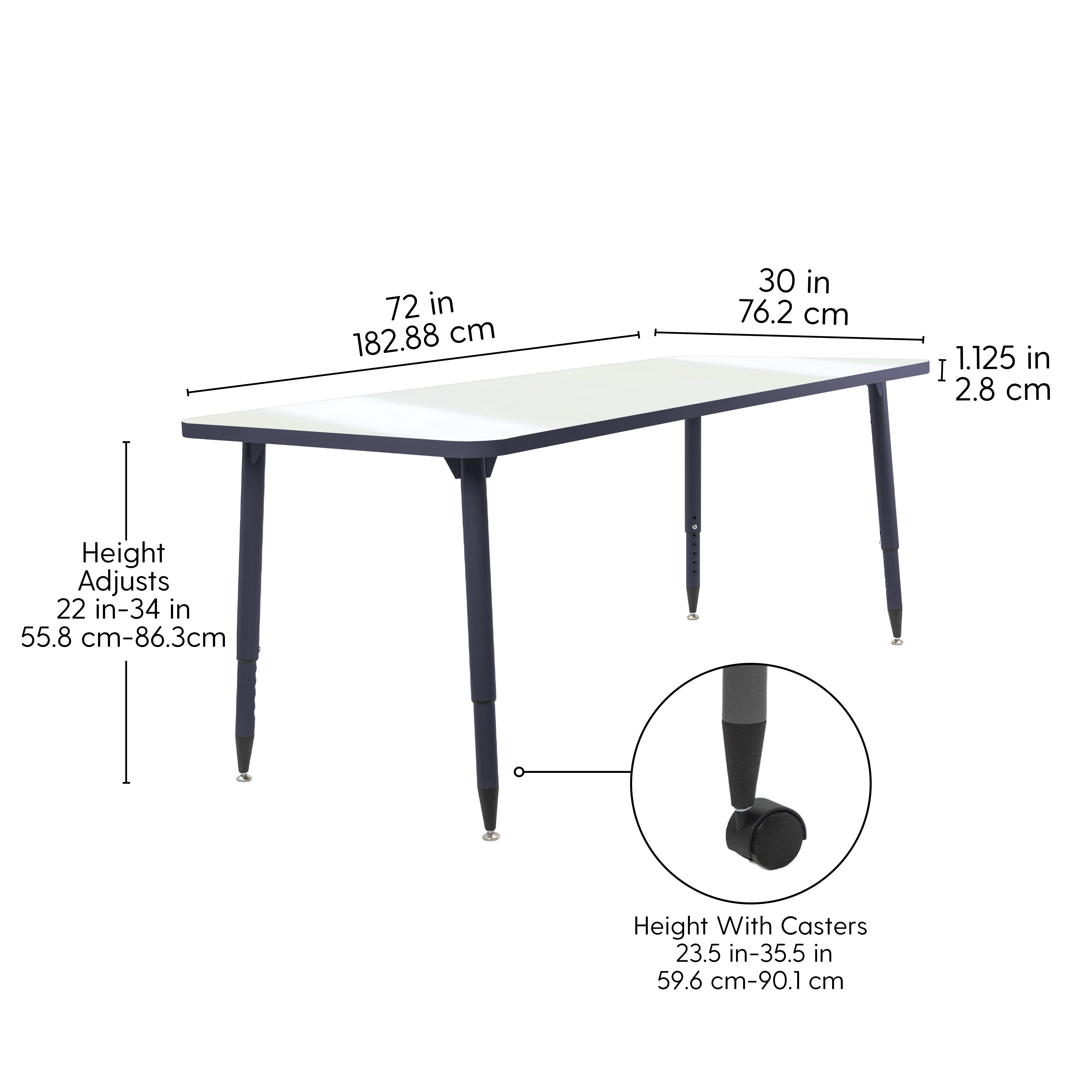 Adapte 30" x 72" Rectangle Dry-Erase Thermofused Activity Table with Adjustable Tapered Legs - Whiteboard/Navy