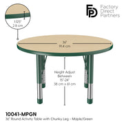 36" Round T-Molding Activity Table with Adjustable Chunky Legs - Maple/Green
