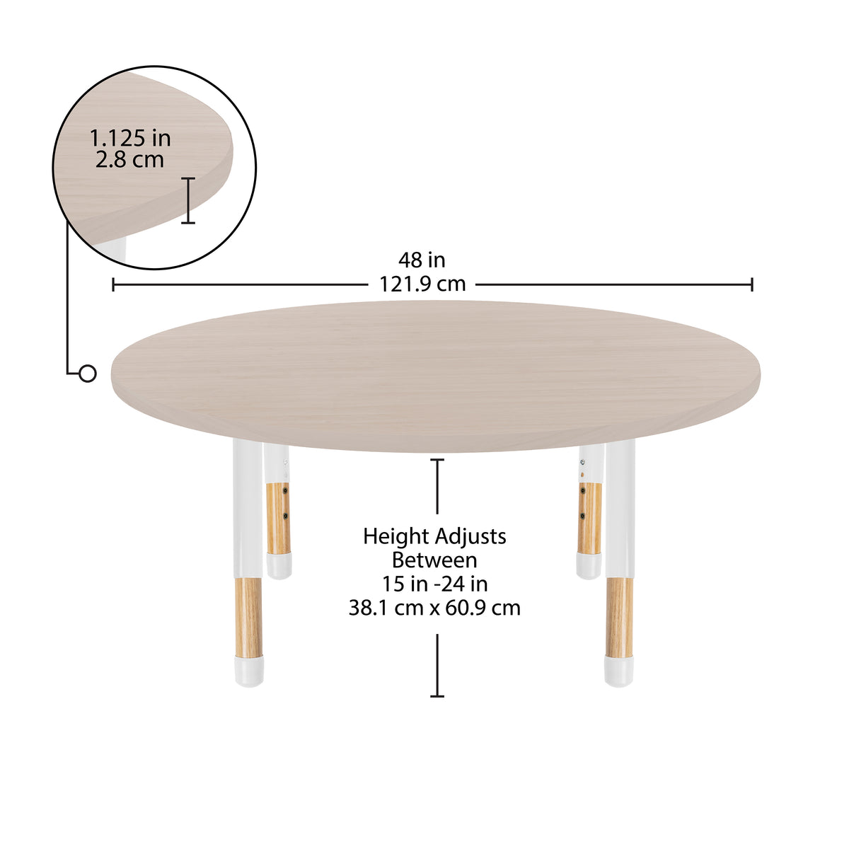 48" x 48" Round Thermofused Activity Table with Adjustable Chunky Wood Legs - Asian Sand/White/Natural
