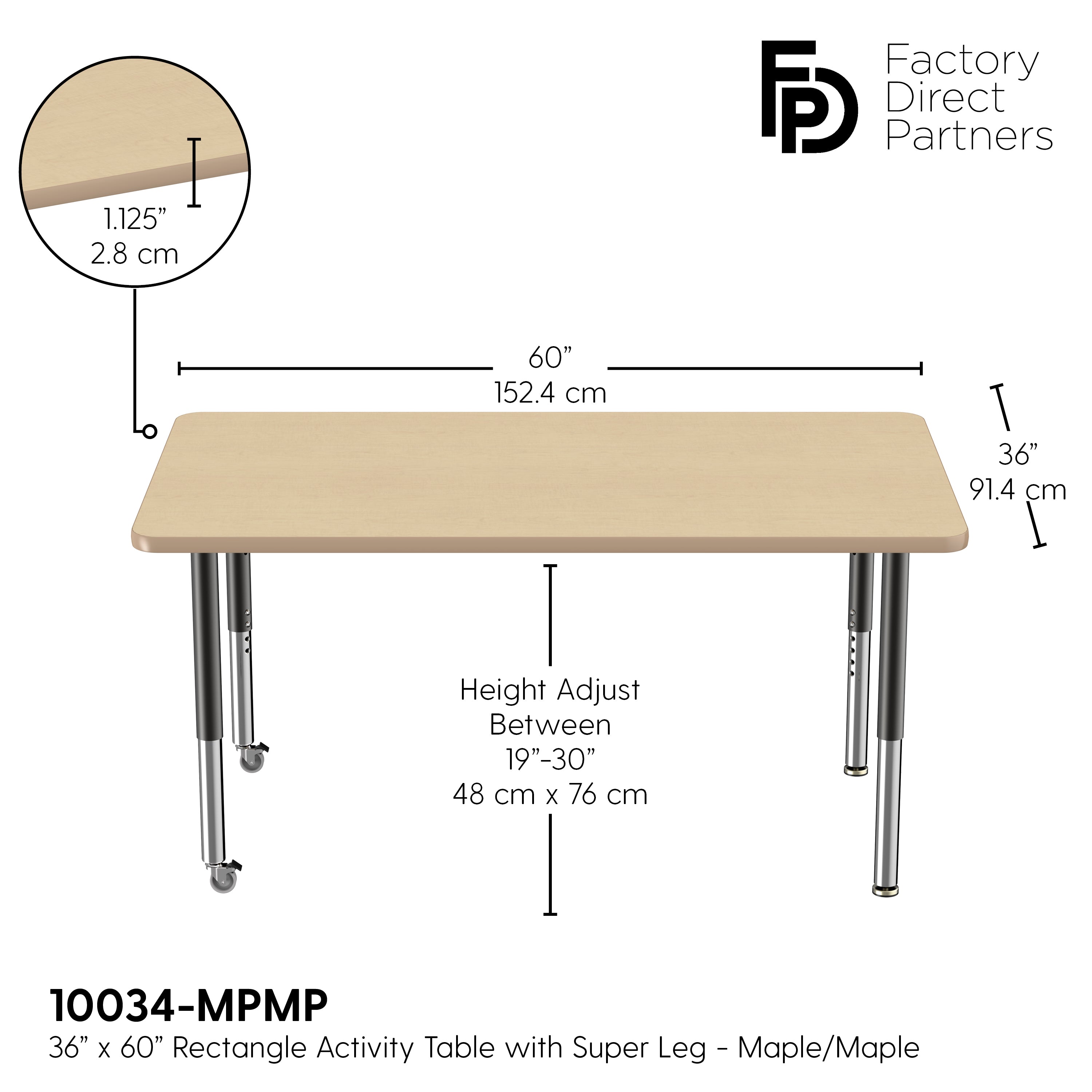 36" x 60" Rectangle T-Molding Activity Table with Adjustable Super Legs - Maple/Maple/Black