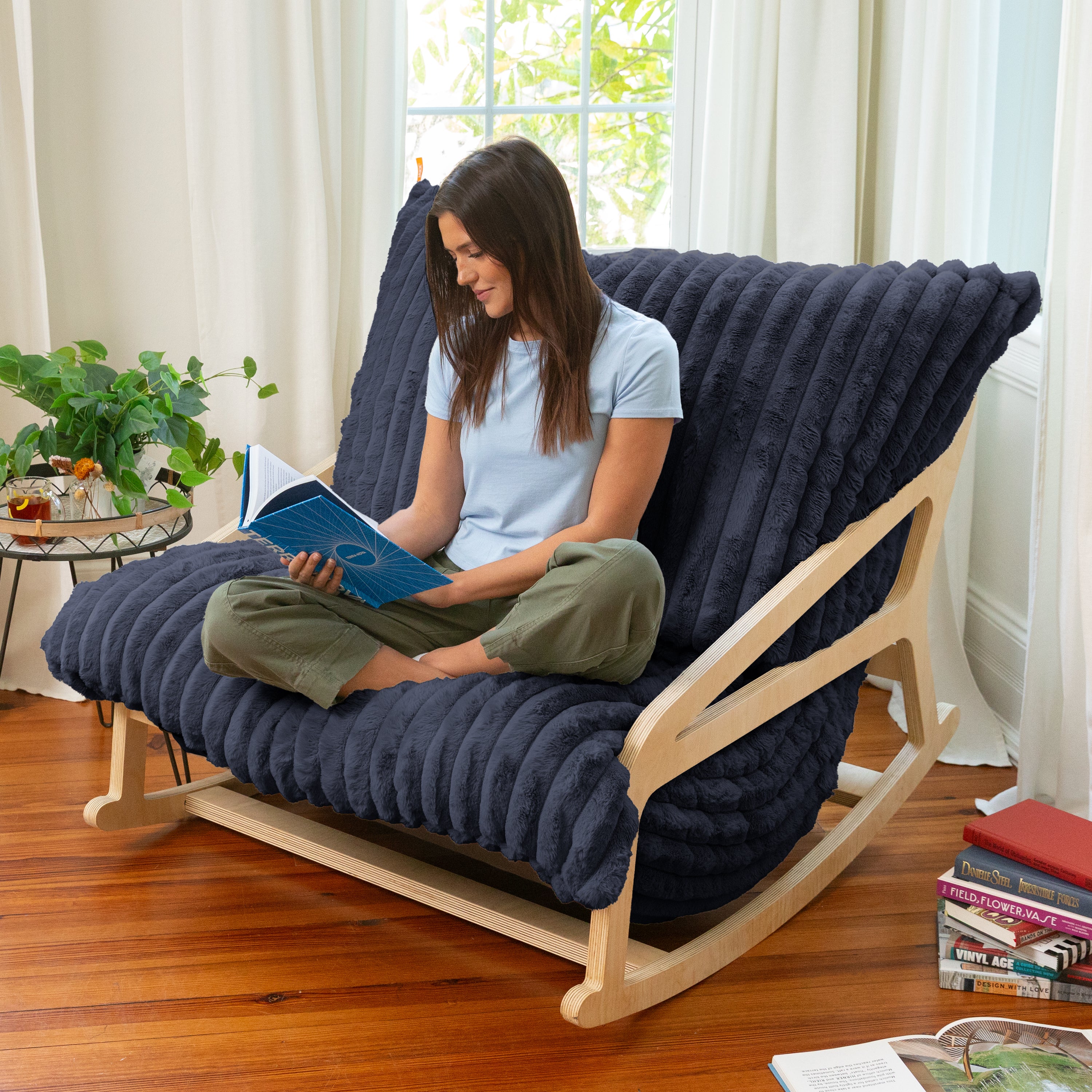 Pillow Saxx Bean Bag Rocking Chair - Elegant Oversized Rocker with Modern Wood Frame, Mondo Fur Midnight Blue
