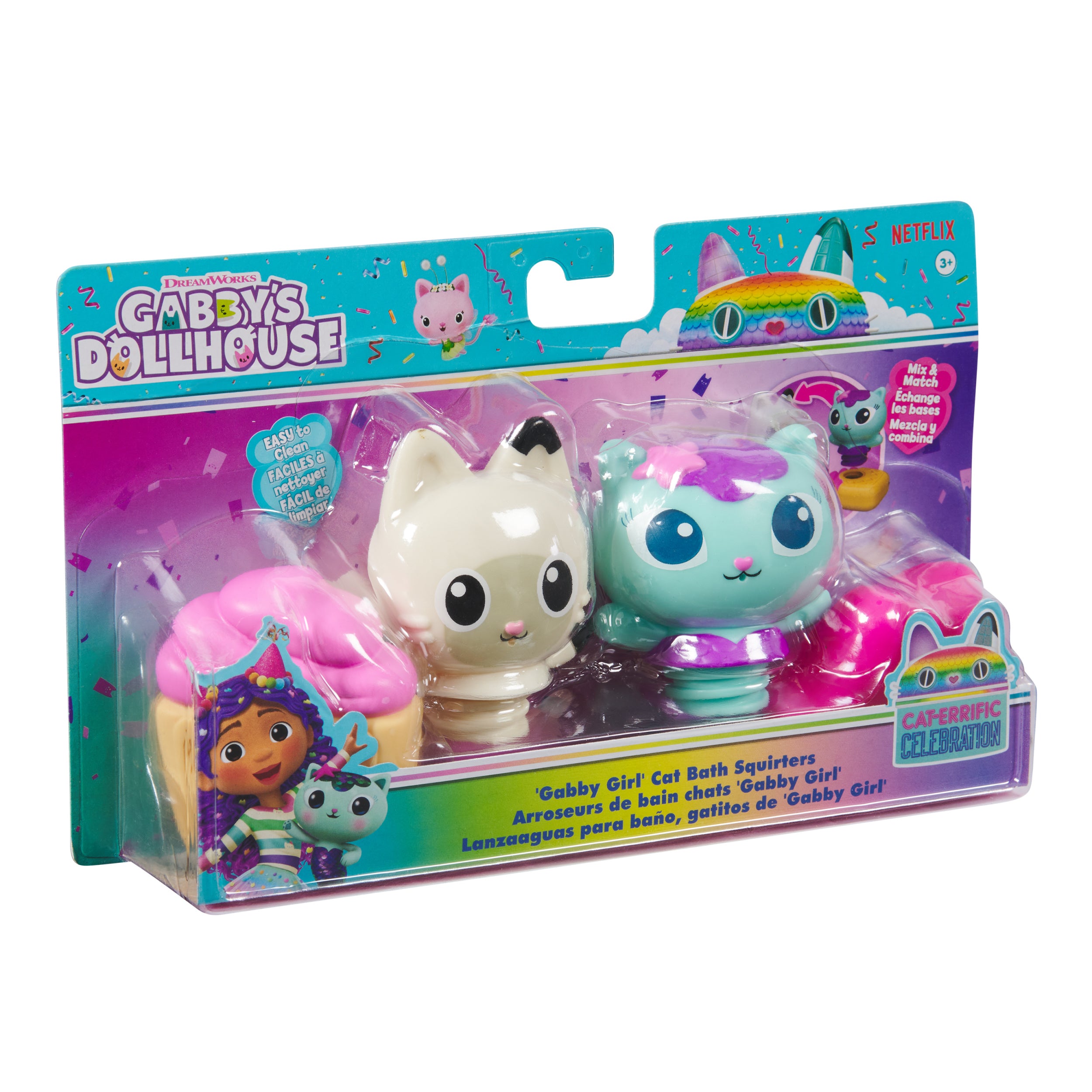 Gabby’s Dollhouse: Gabby Cat Bath Squirters, Mercat & Pandy Paws Floating Toddler Bath Toys for Girls & Boys Ages 3 and up