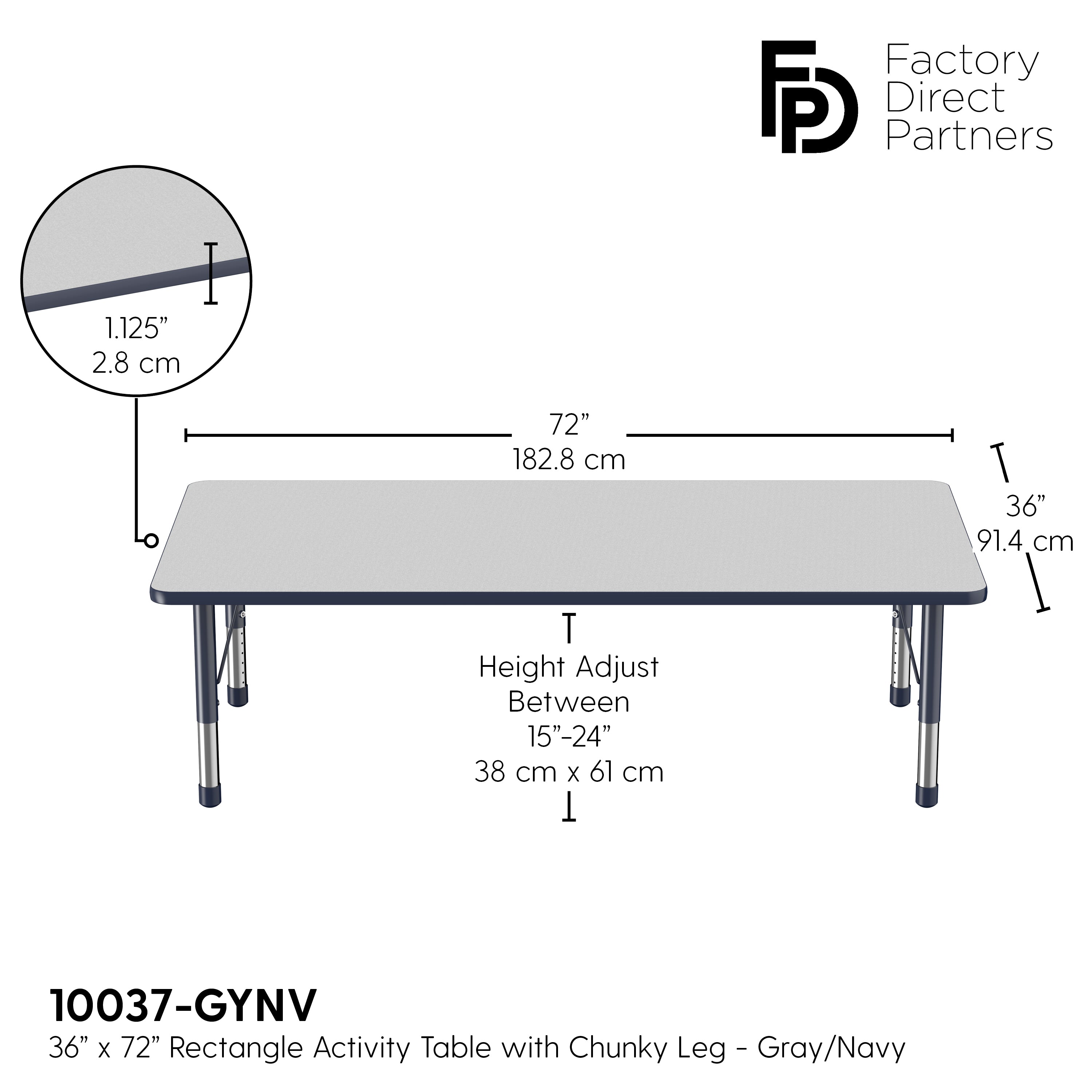 36" x 72" Rectangle T-Molding Activity Table with Adjustable Chunky Legs - Gray/Navy