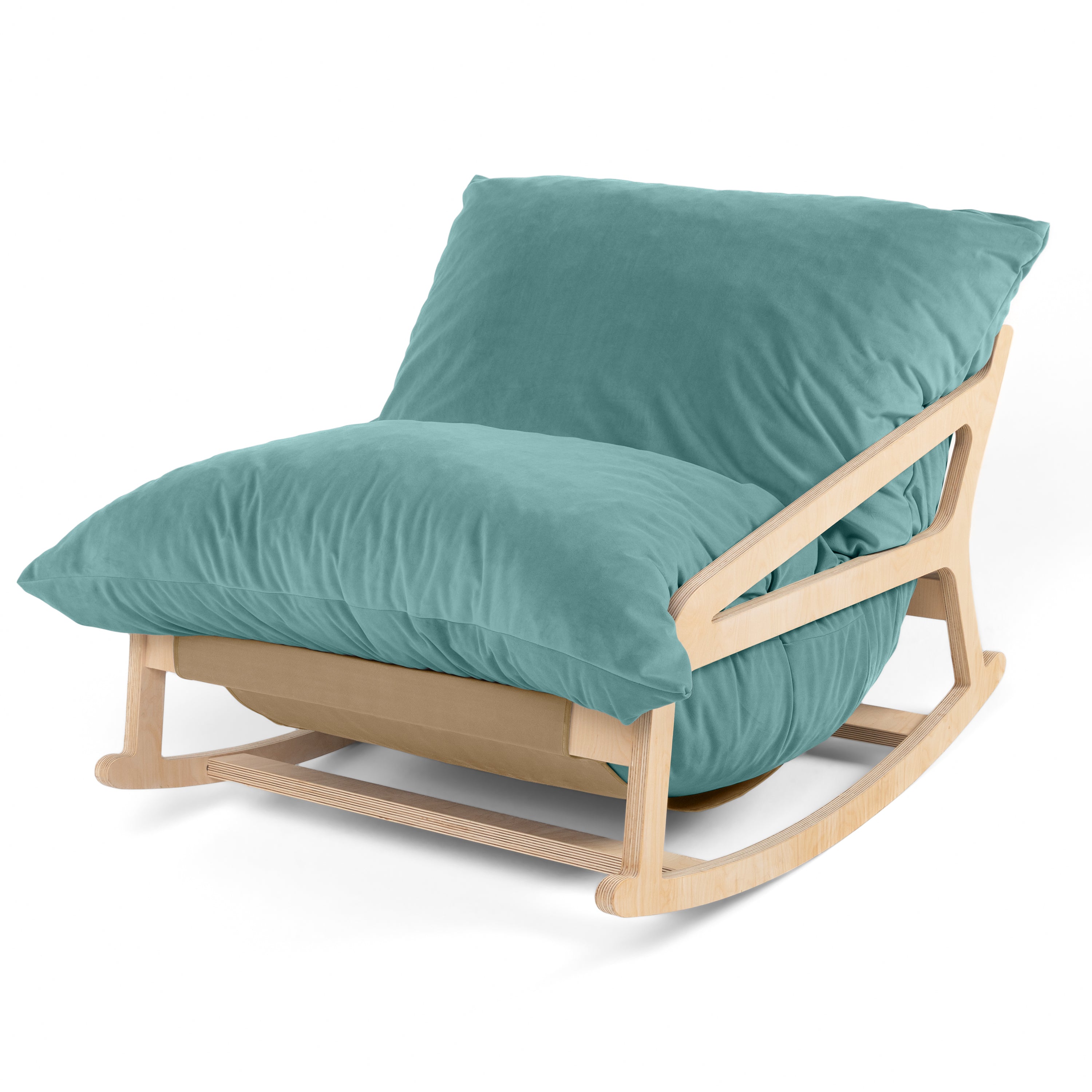 Pillow Saxx Bean Bag Rocking Chair - Elegant Oversized Rocker with Modern Wood Frame, Lush Velvet Turquoise