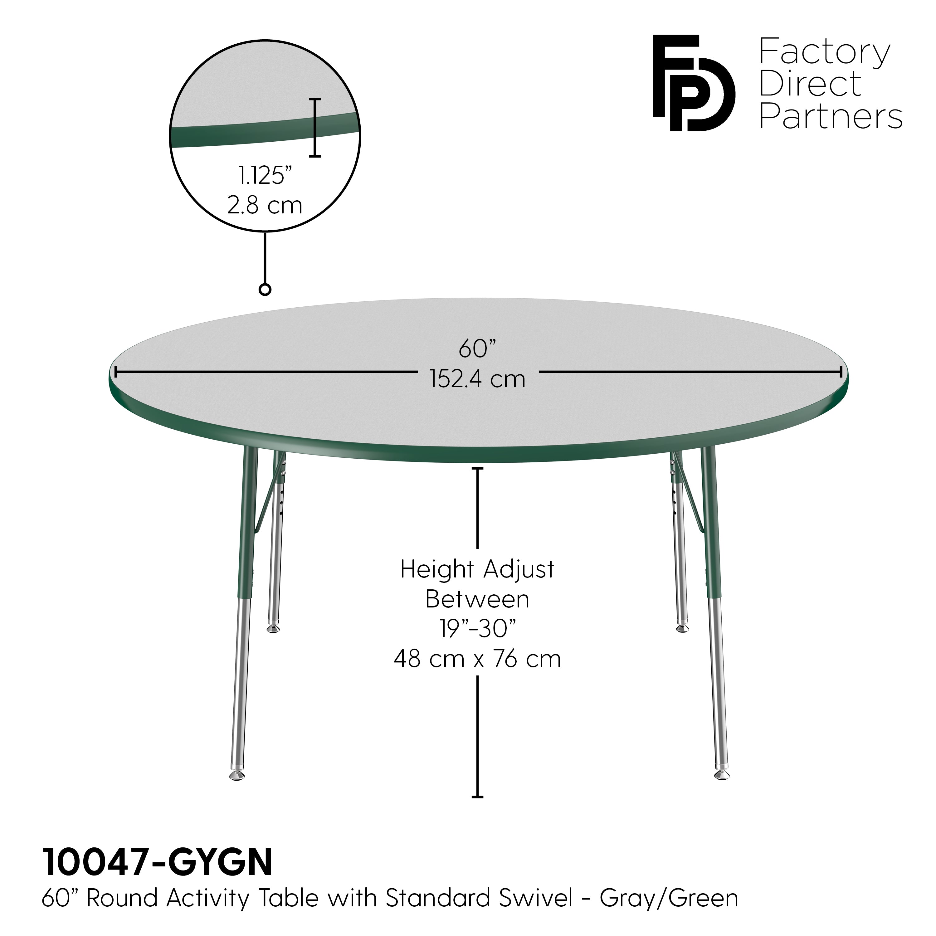 60" Round T-Molding Activity Table with Adjustable Standard Swivel Glide Legs - Gray/Green