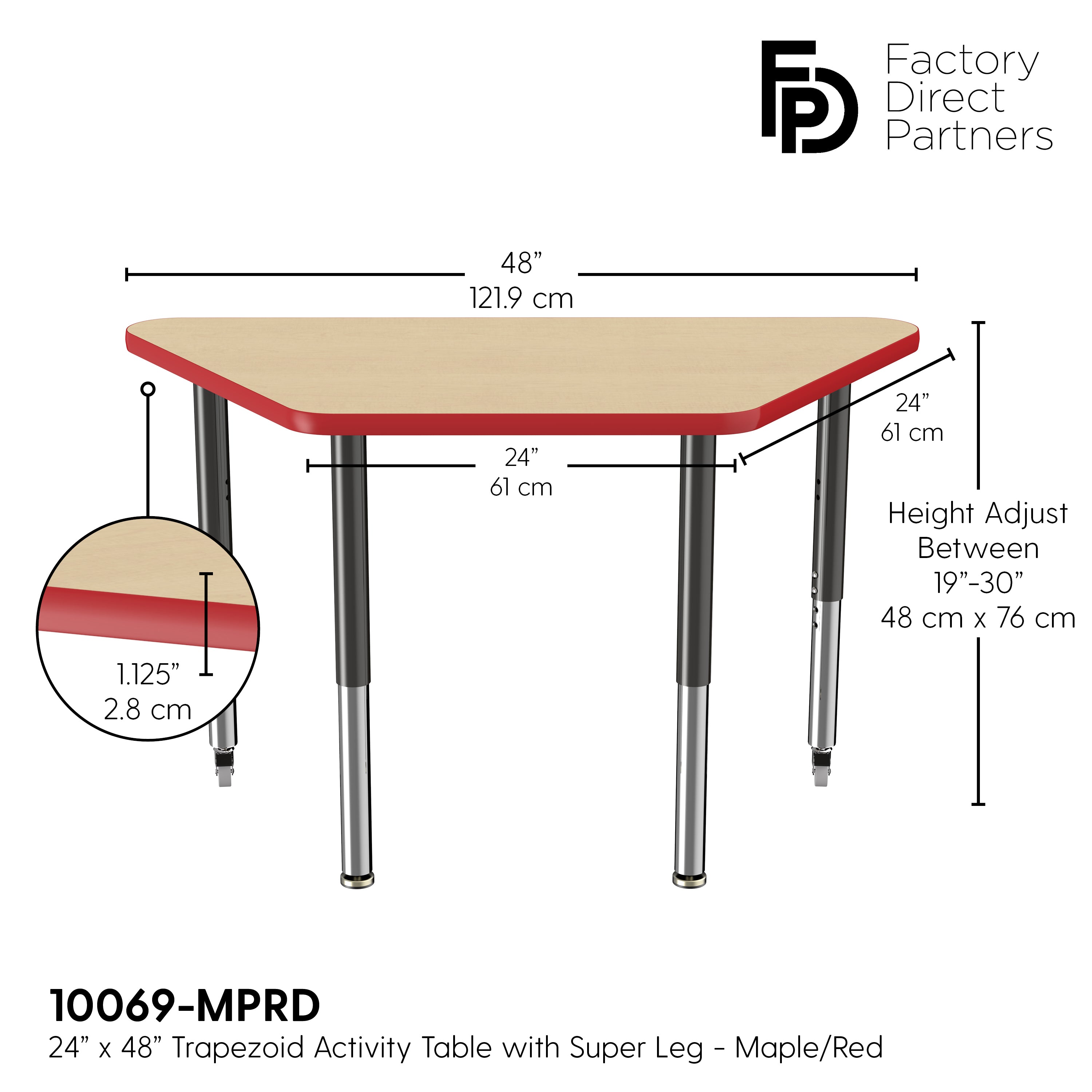 24" x 48" Trapezoid T-Molding Activity Table with Adjustable Super Legs - Maple/Red/Black