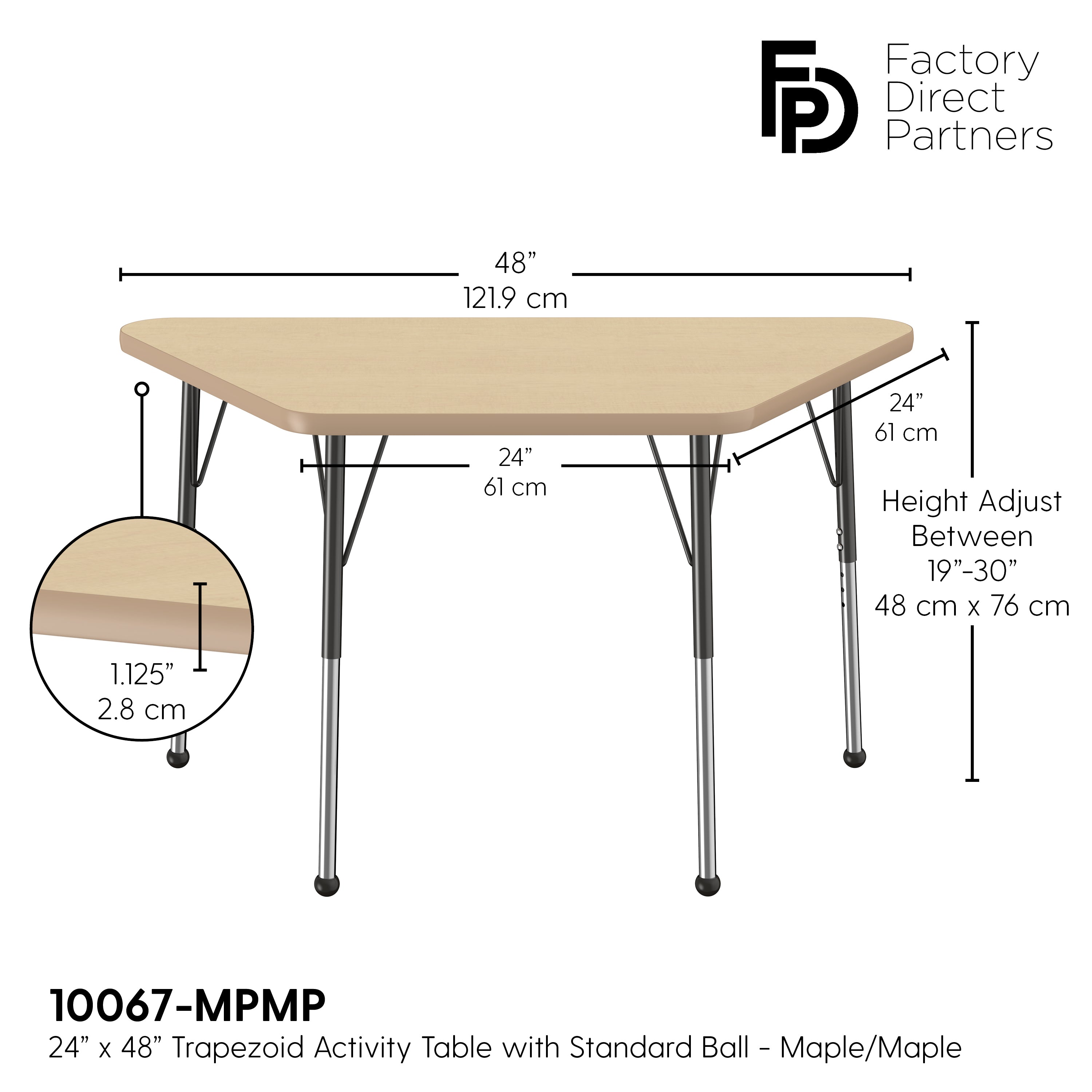 24" x 48" Trapezoid T-Molding Activity Table with Adjustable Standard Ball Glide Legs - Maple/Maple/Black