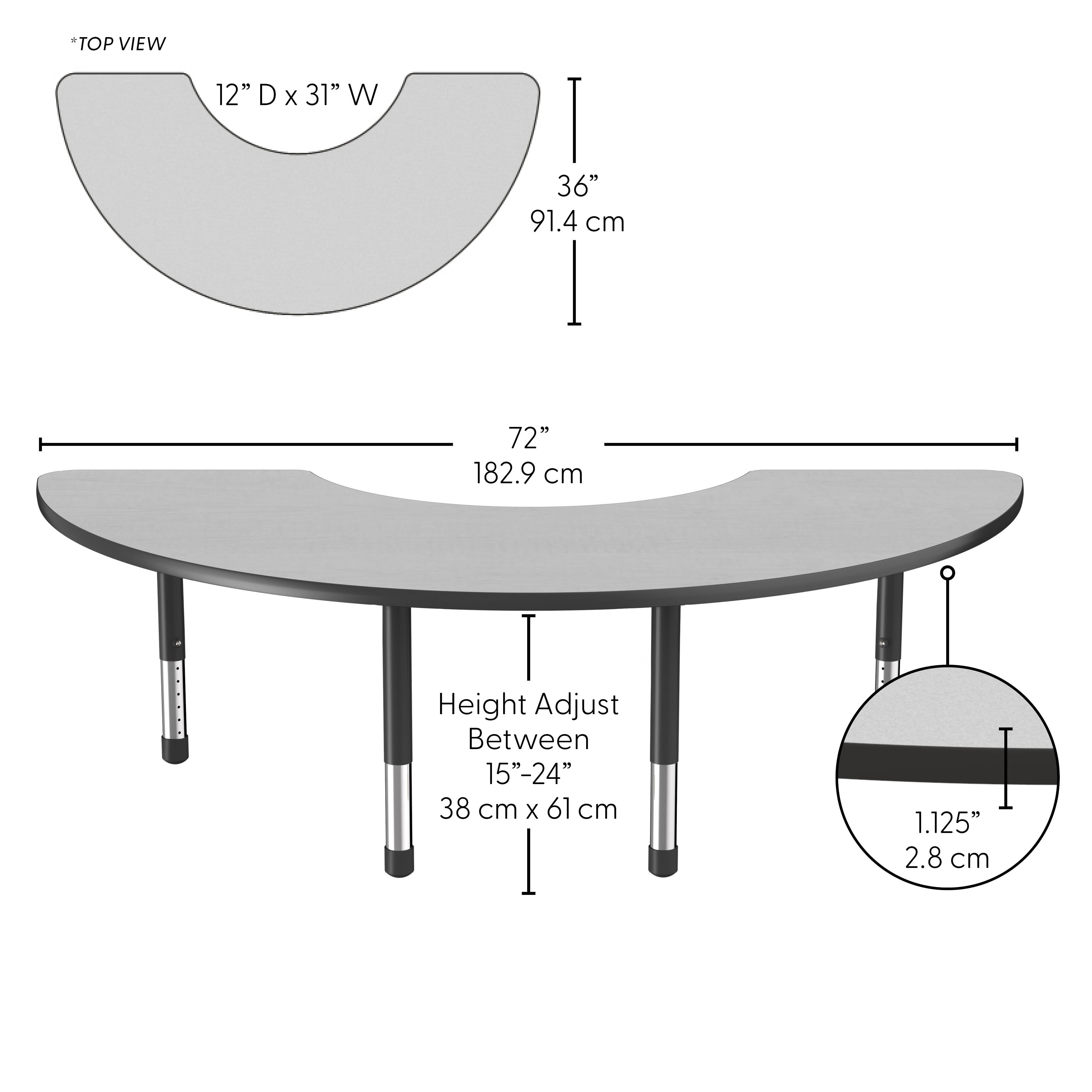 36" x 72" Half Moon Thermofused Activity Table with Adjustable Chunky Legs - Gray/Black