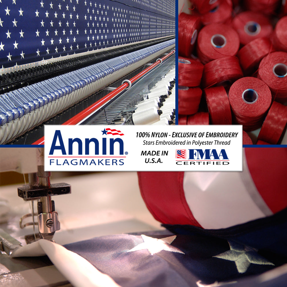 American Flag 12x18 ft. Nylon SolarGuard Nyl-Glo , 100% Made in USA with Sewn Stripes, Embroidered Stars and Roped Heading.