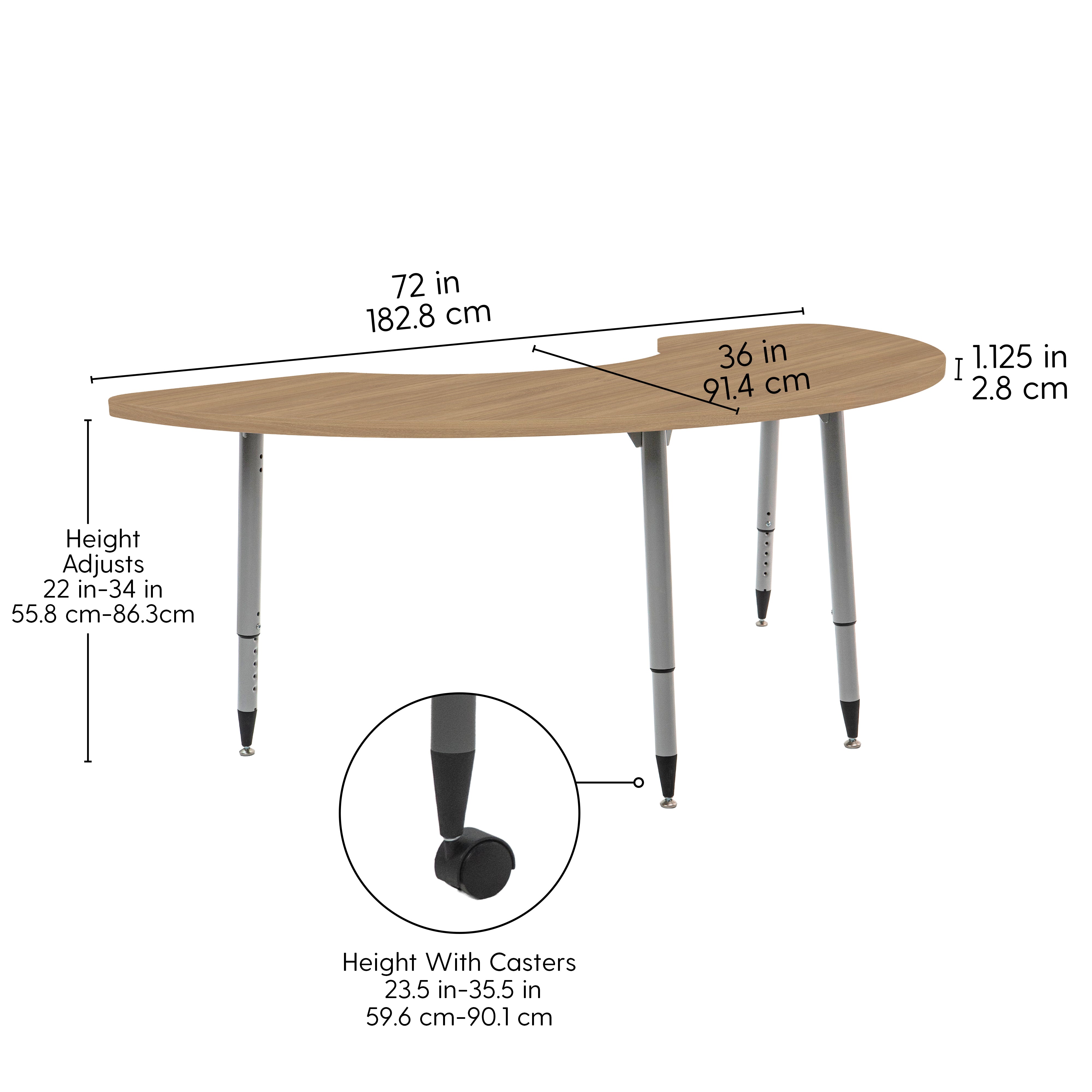 Adapte 36" x 72" Half Moon Woodgrain Activity Table with Adjustable Tapered Legs - Pasadena Oak/Silver