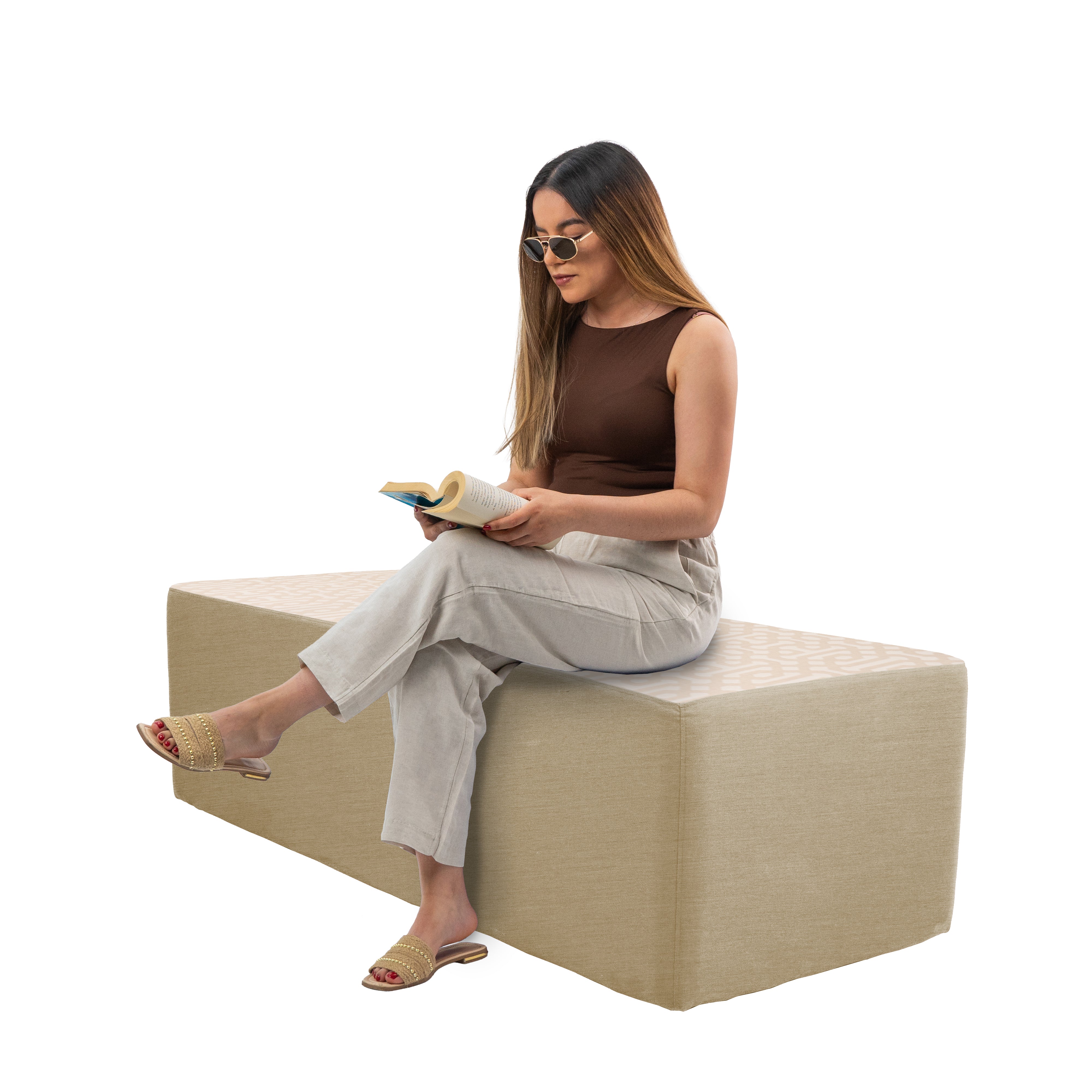 Outdoor 24" x 60" Rectangle Ottoman with Sunbrella, 18" H - Fretwork Flax/Spectrum Sand