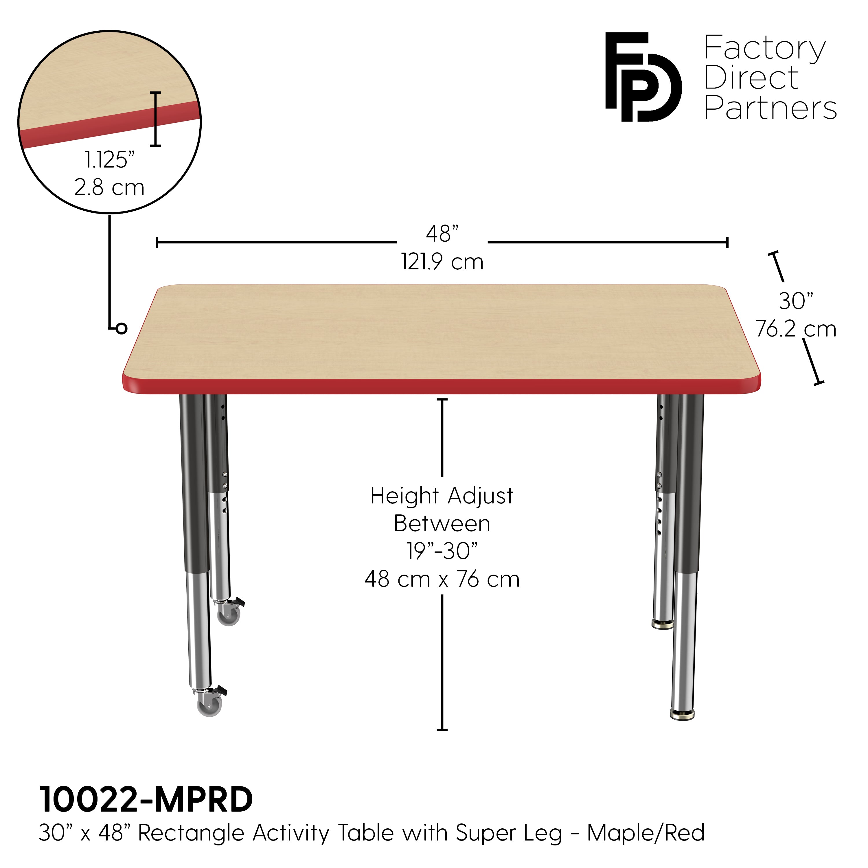 30" x 48" Rectangle T-Molding Activity Table with Adjustable Super Legs - Maple/Red/Black