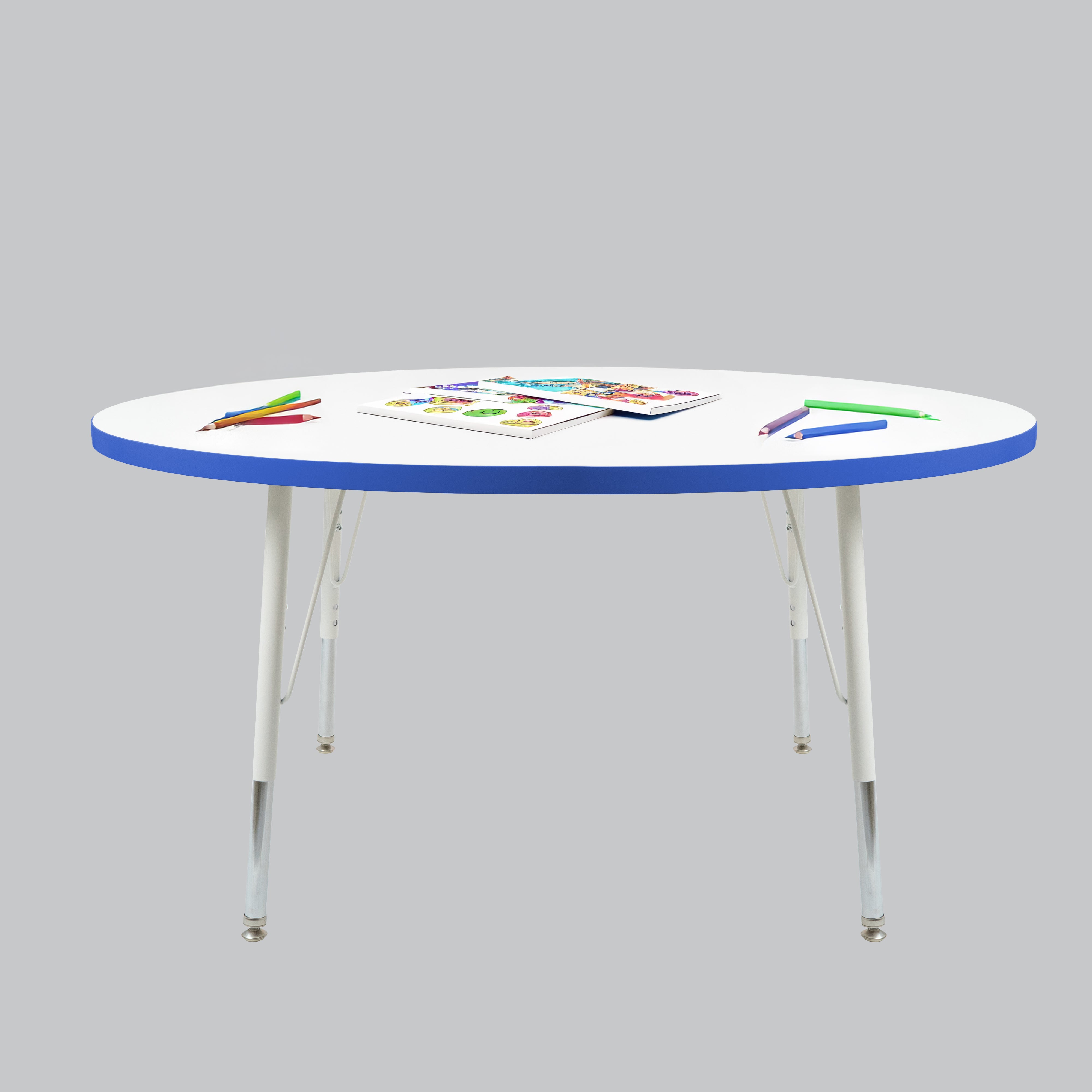 48" Round Thermofused Activity Table with Adjustable Standard Swivel Glide Legs - White/Blue/White