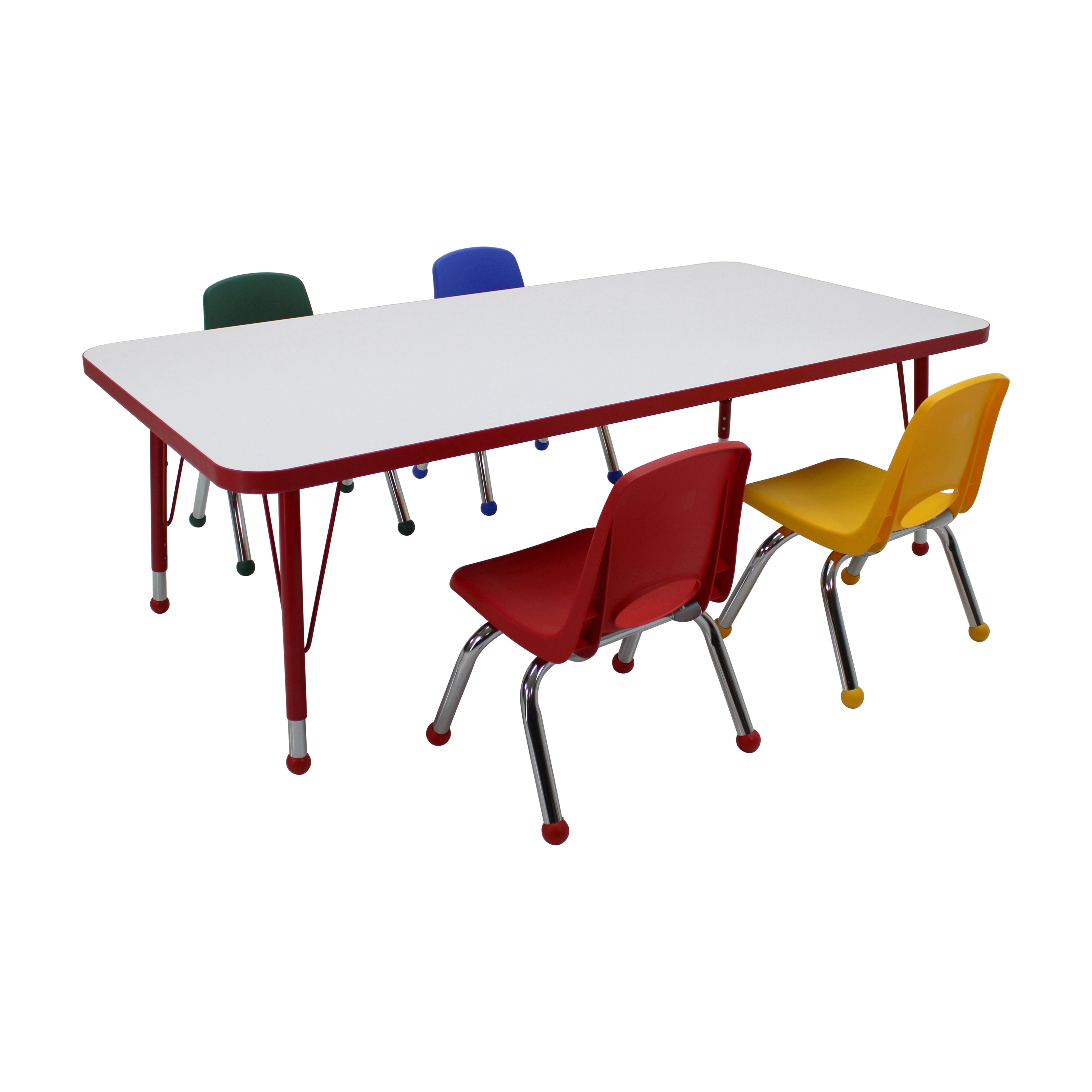 30" x 60" Rectangle Dry-Erase Activity Table with Standard Legs and 10" Stack Chairs with Ball Glides, 5-Piece Set - Whiteboard/Red/Assorted