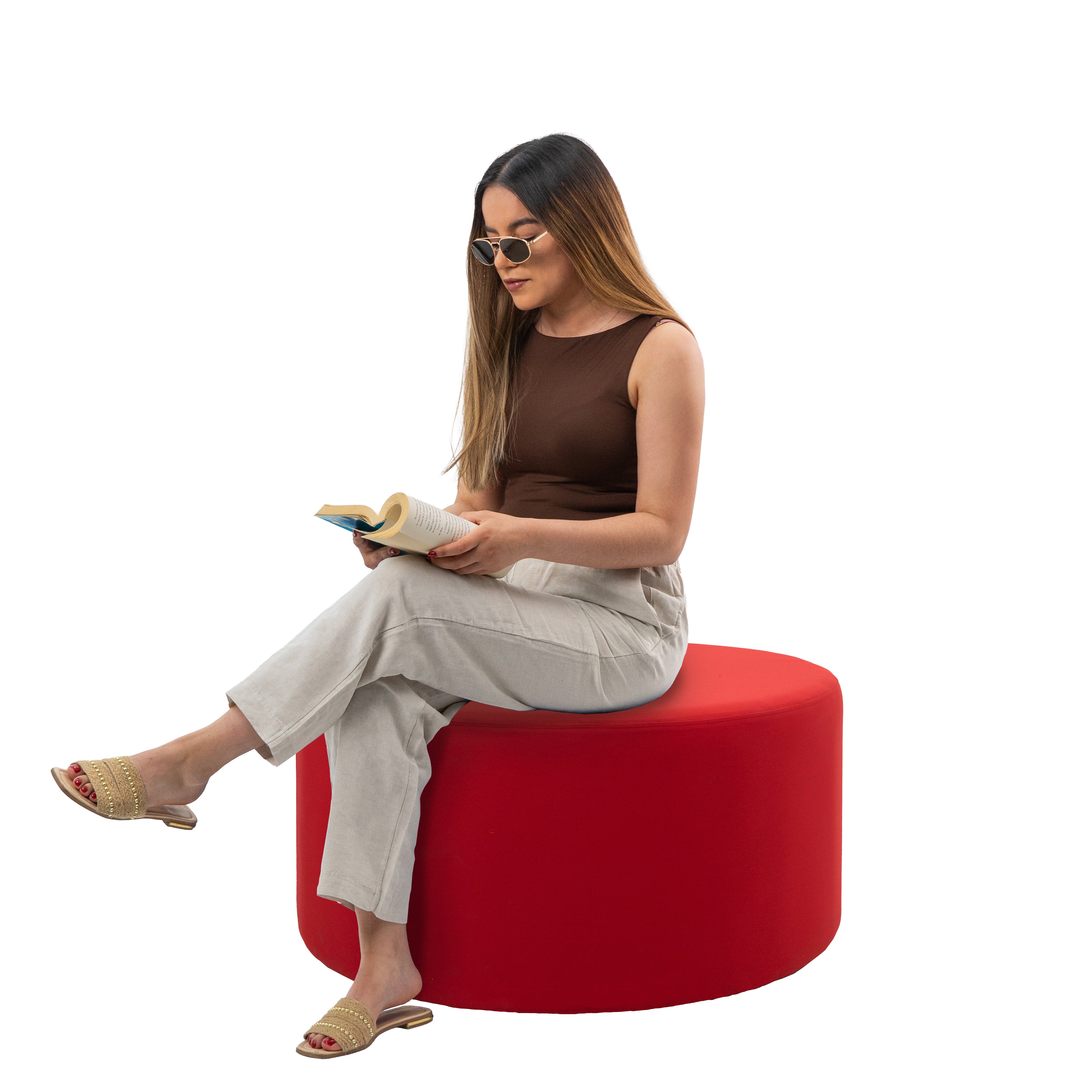 Outdoor 36" Round Ottoman with Sunbrella®, 18" H - Canvas Jockey Red