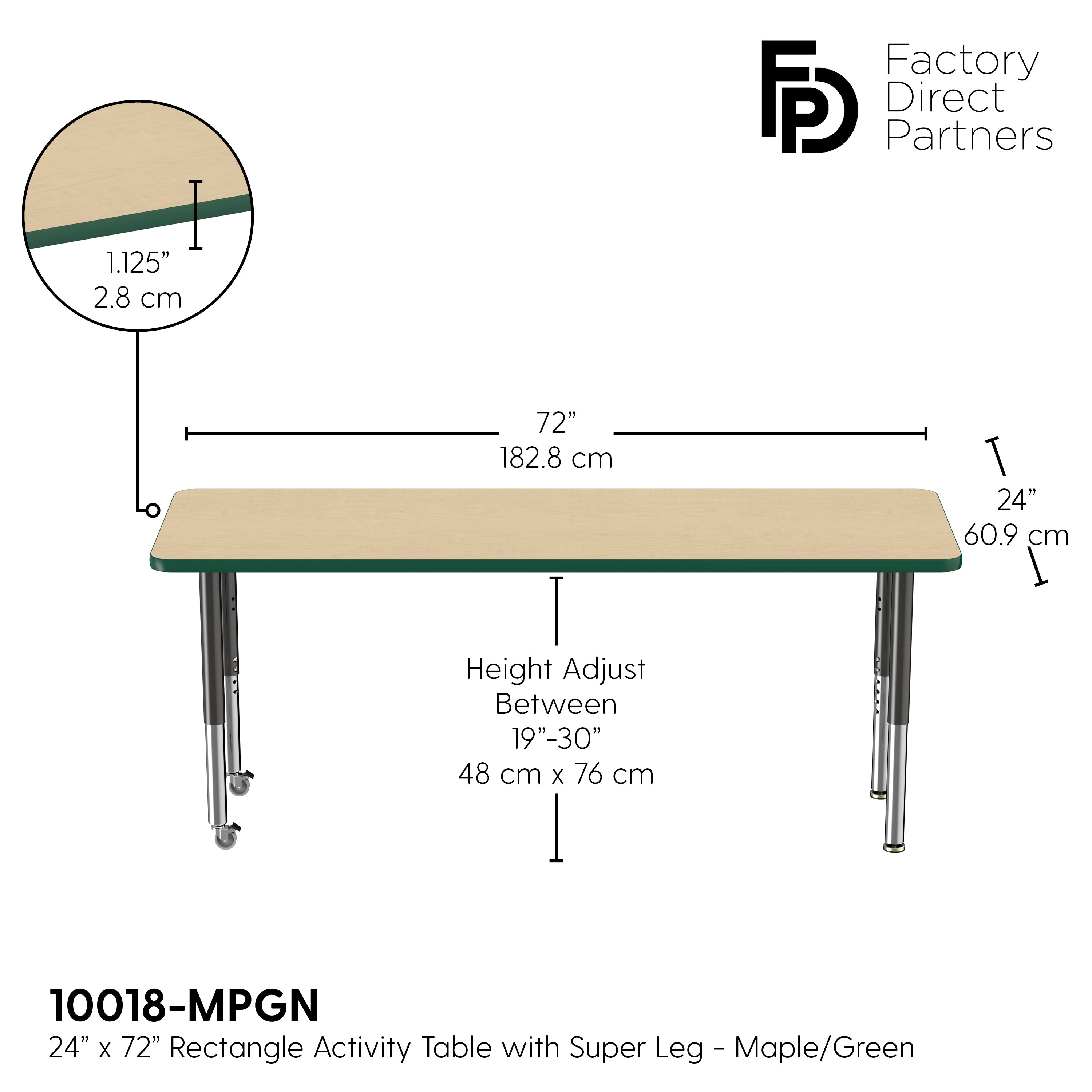 24" x 72" Rectangle T-Molding Activity Table with Adjustable Super Legs - Maple/Green/Black
