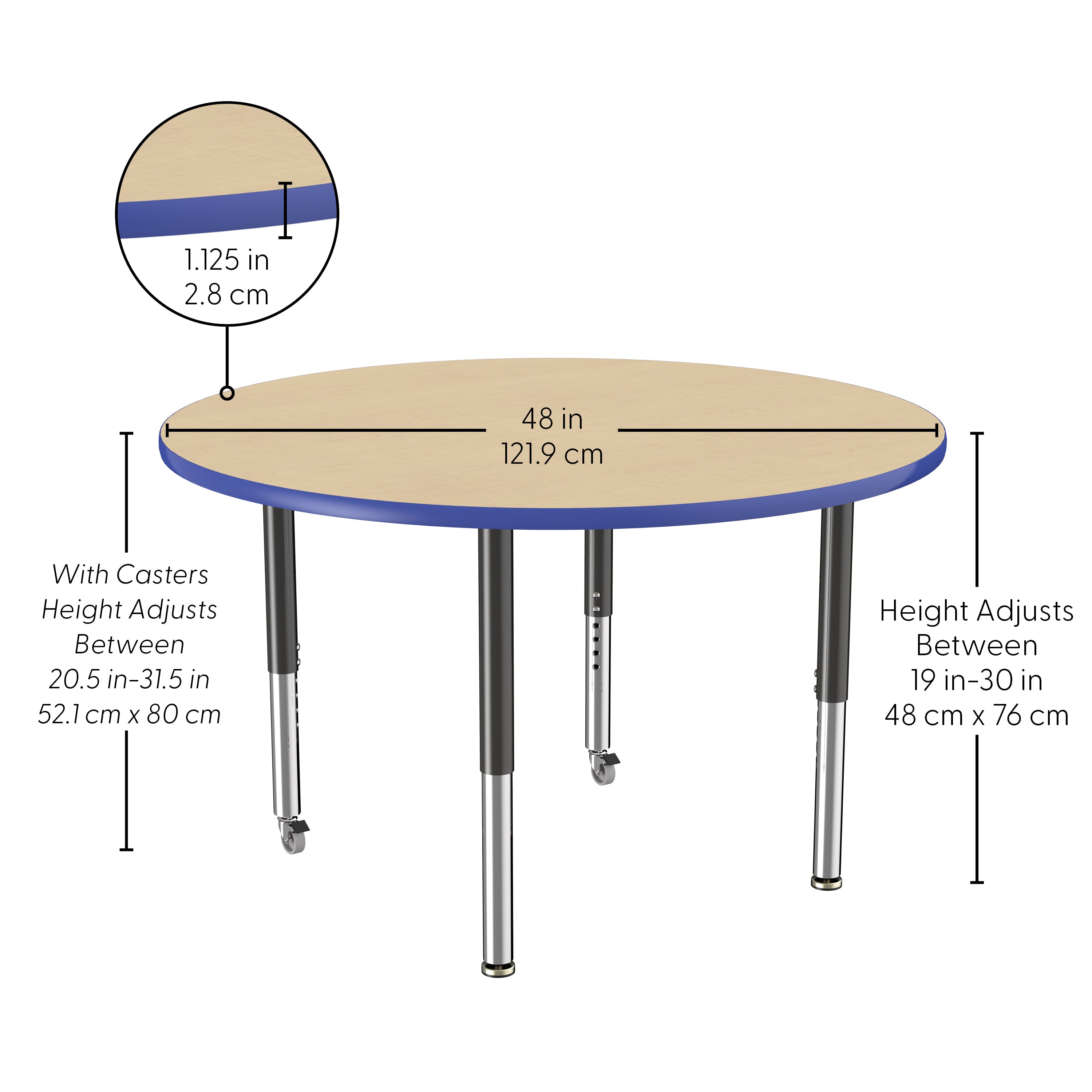 48" Round T-Molding Activity Table with Adjustable Super Legs - Maple/Blue/Black