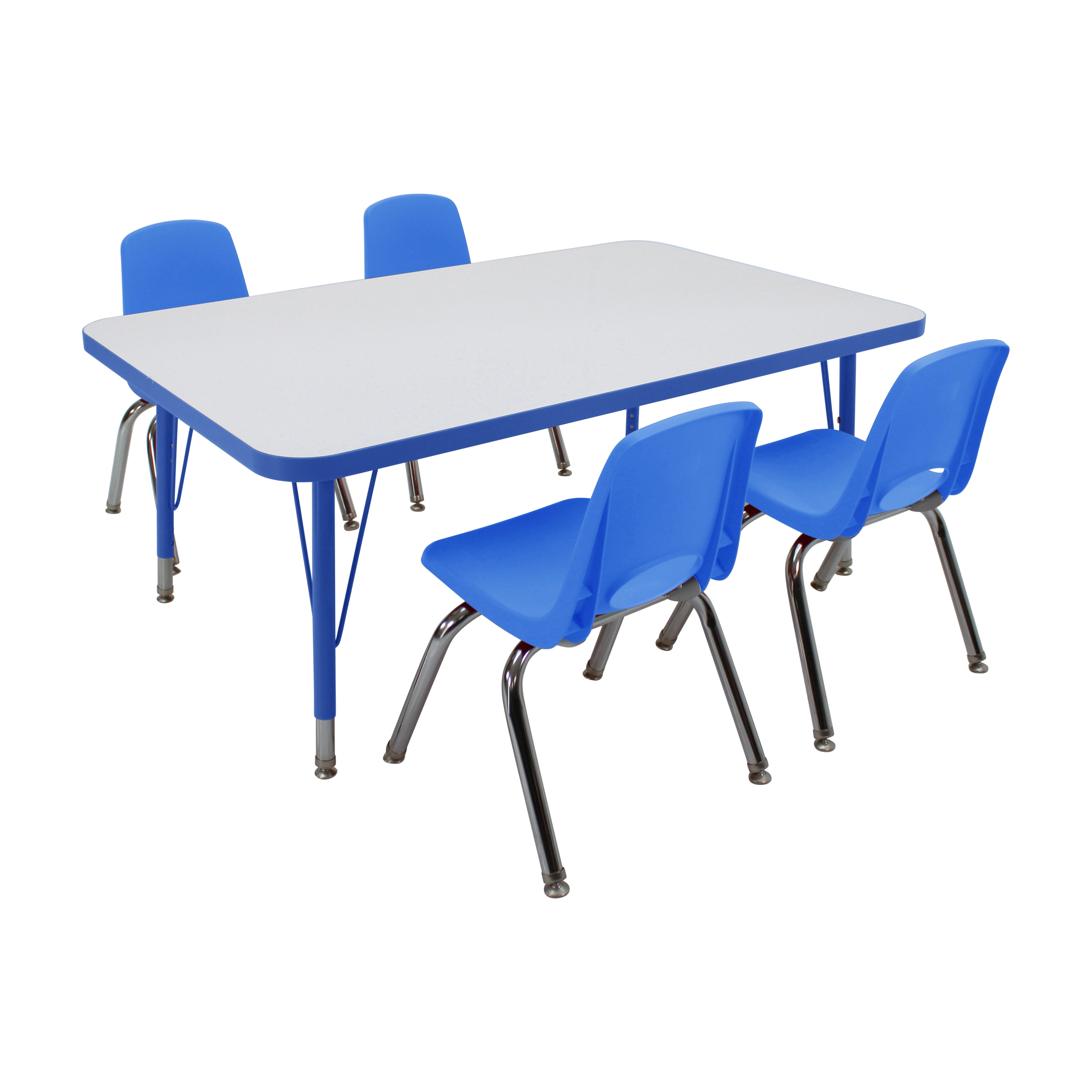 30" x 48" Rectangle Dry-Erase Activity Table with Standard Legs and 12" Stack Chairs with Swivel Glides, 5-Piece Set - Whiteboard/Blue