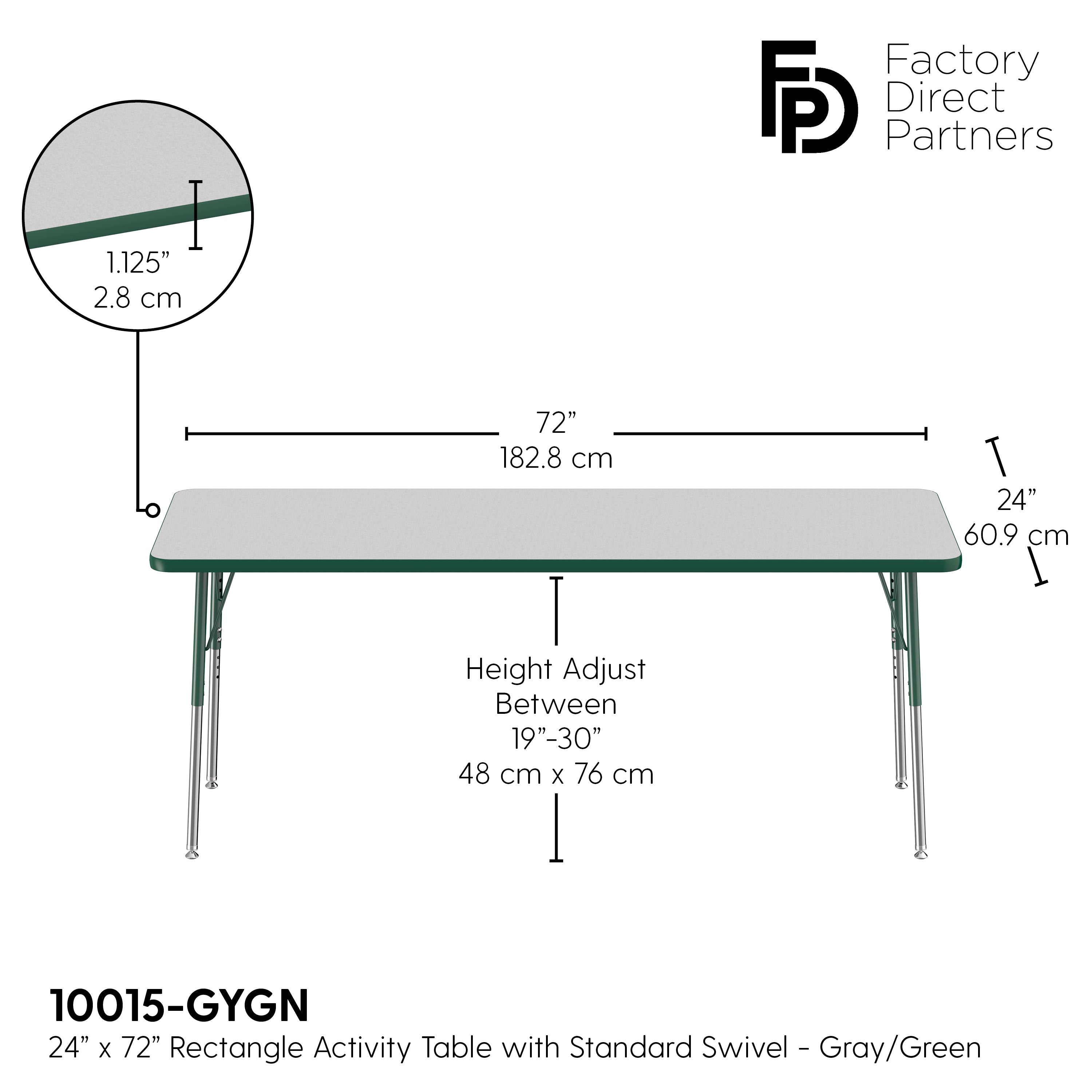 24" x 72" Rectangle T-Molding Activity Table with Adjustable Standard Swivel Glide Legs - Gray/Green