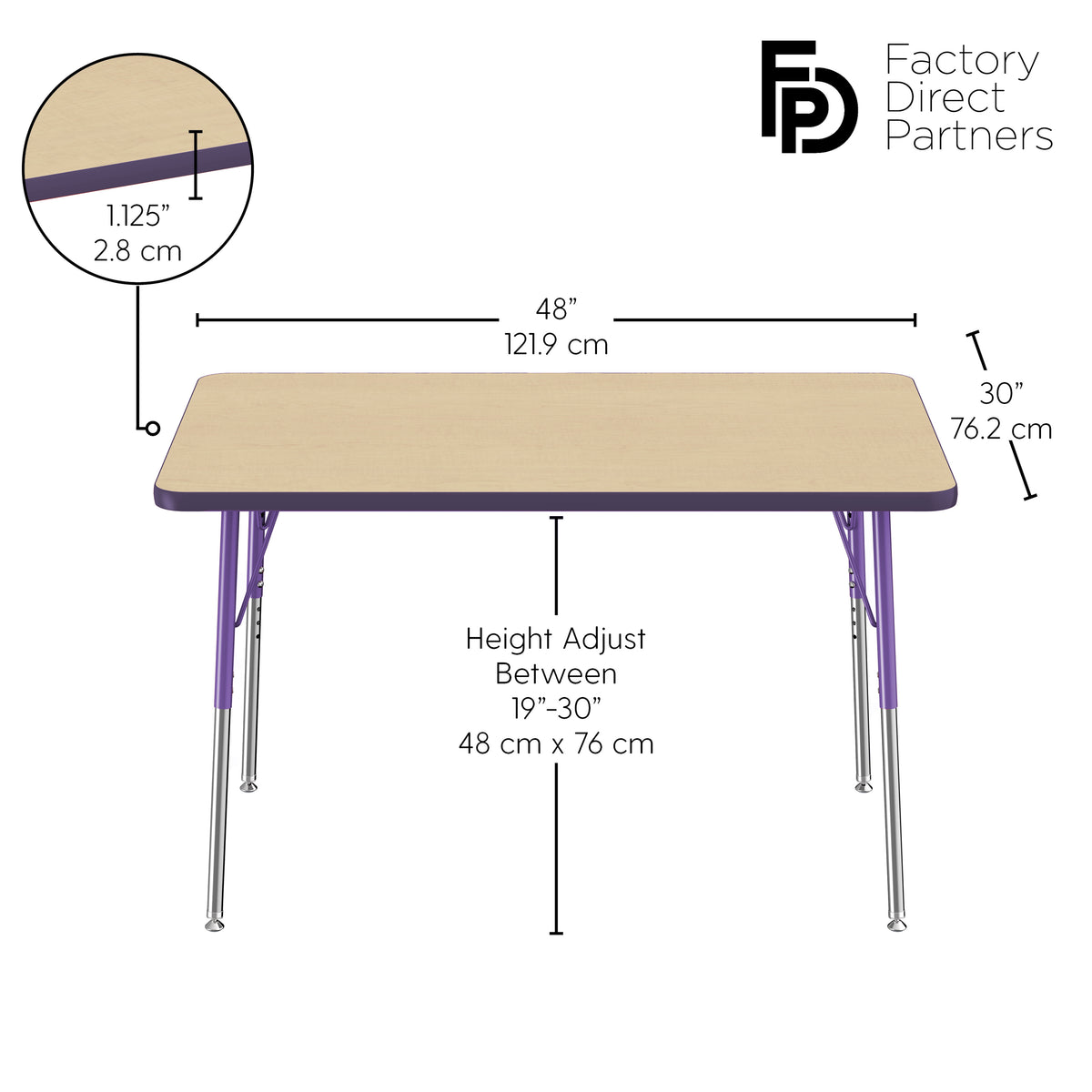 30" x 48" Rectangle T-Molding Activity Table with Adjustable Standard Swivel Glide Legs - Maple/Purple