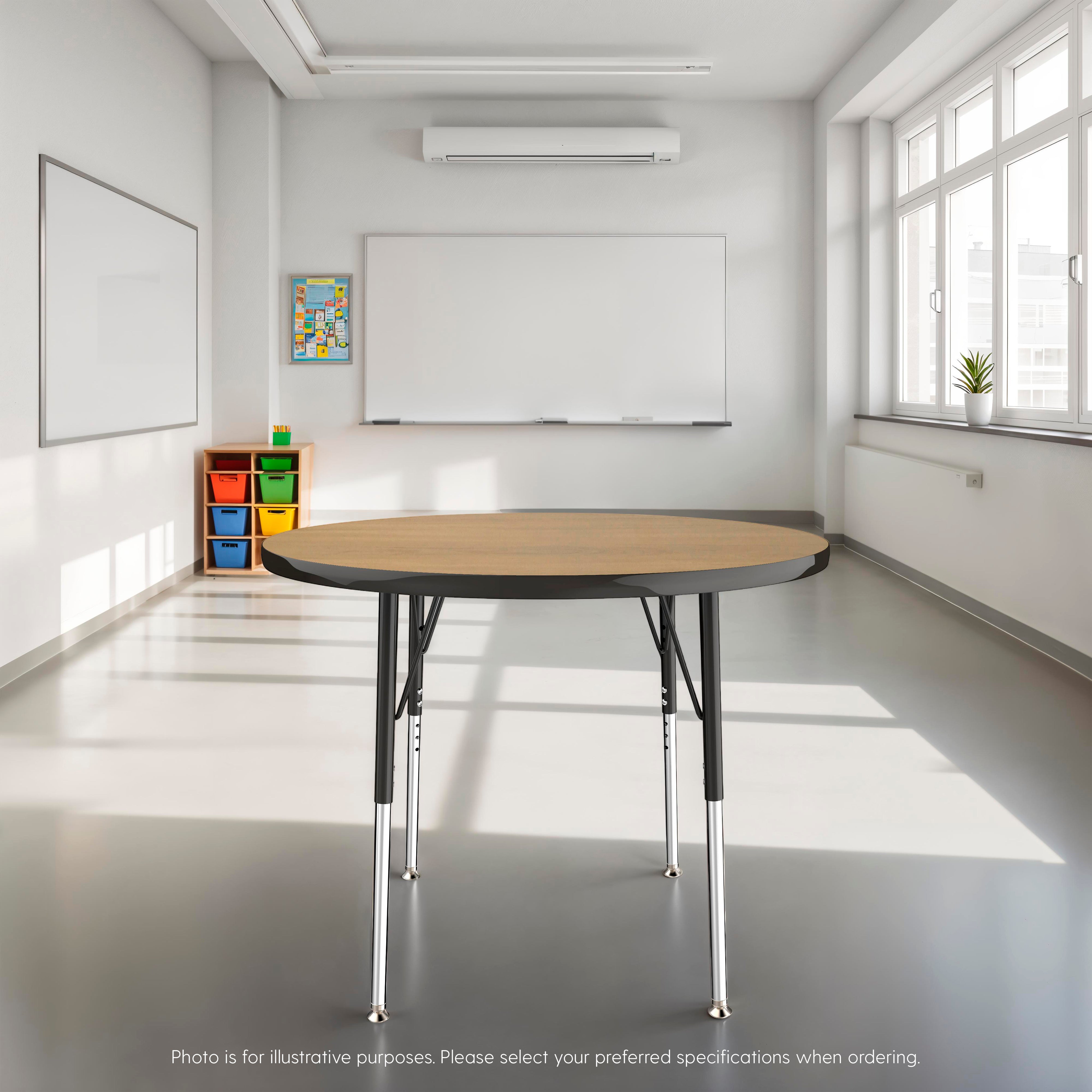 48" Round T-Molding Activity Table with Adjustable Standard Swivel Glide Legs - Pasadena Oak/Black