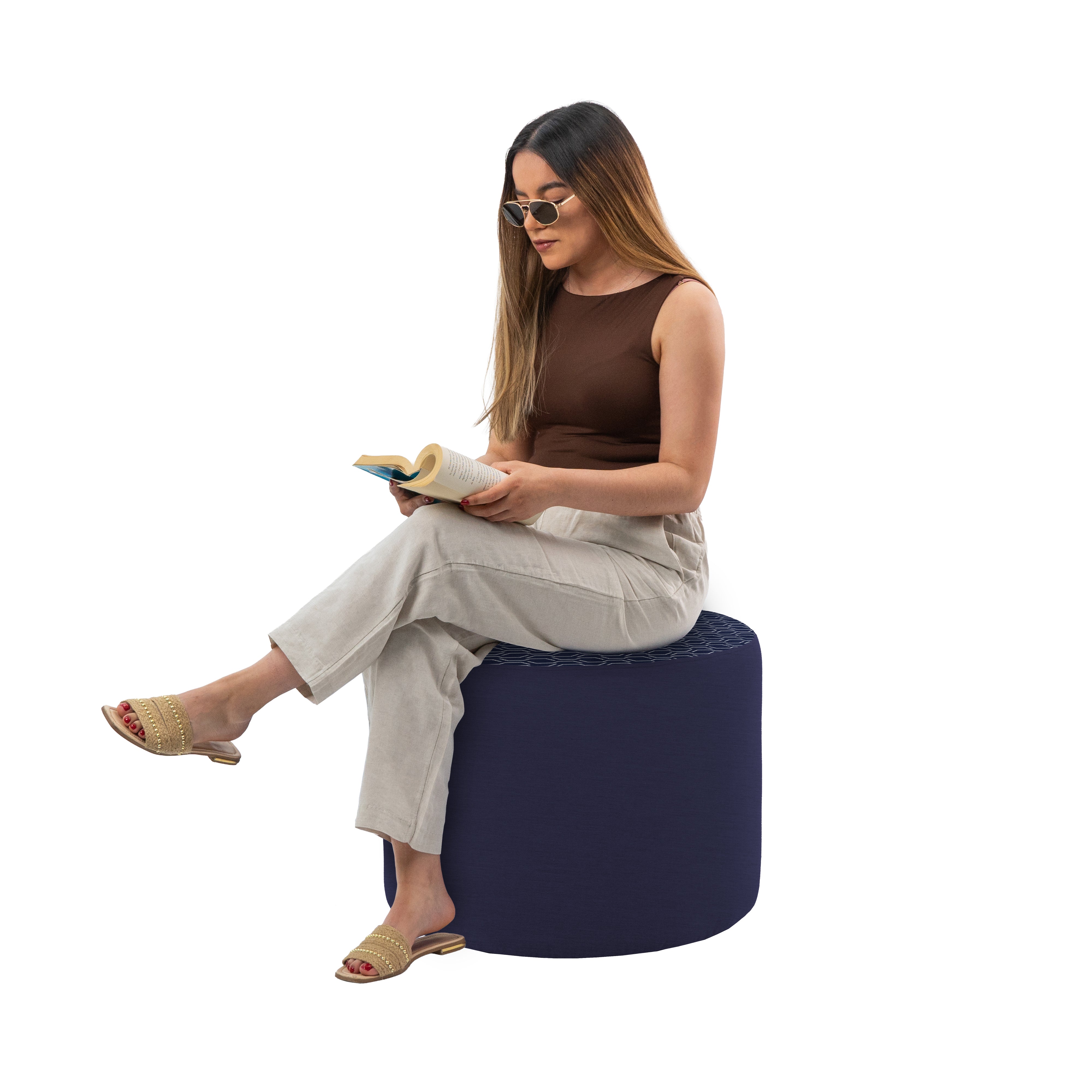 Outdoor 24" Round Ottoman with Sunbrella, 18" H - Adaptation Indigo/Canvas Navy