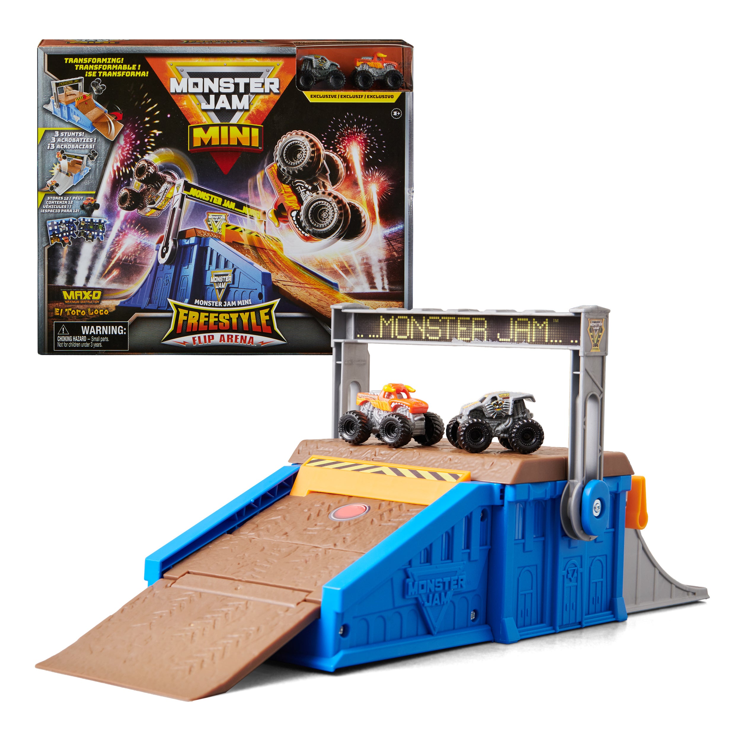 Monster Jam Mini Freestyle Flip Arena Playset and Storage with 2 Mini Monster Jam Trucks, Kids Toys for Boys and Girls Ages 3 and up