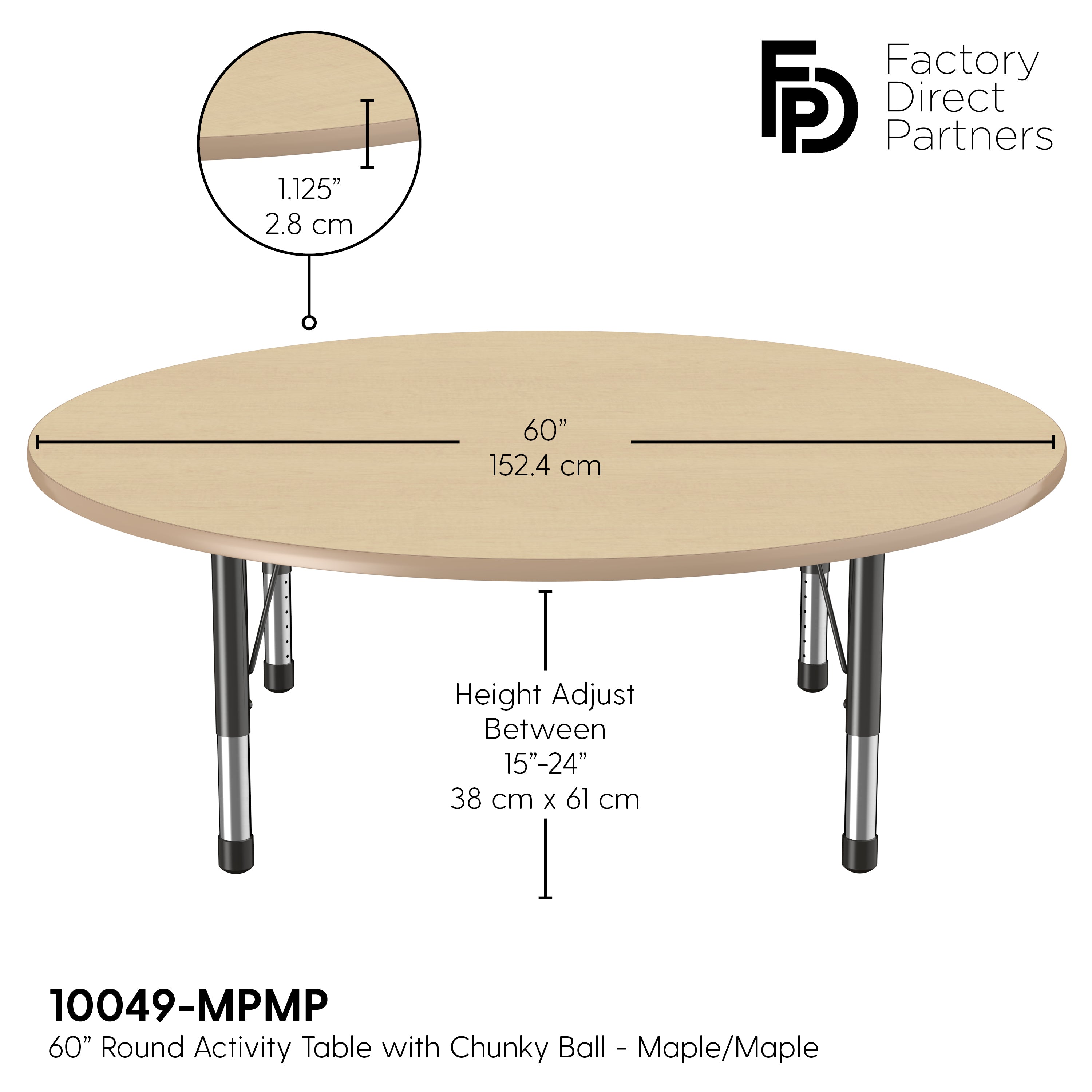 60" Round T-Molding Activity Table with Adjustable Chunky Legs - Maple/Maple/Black