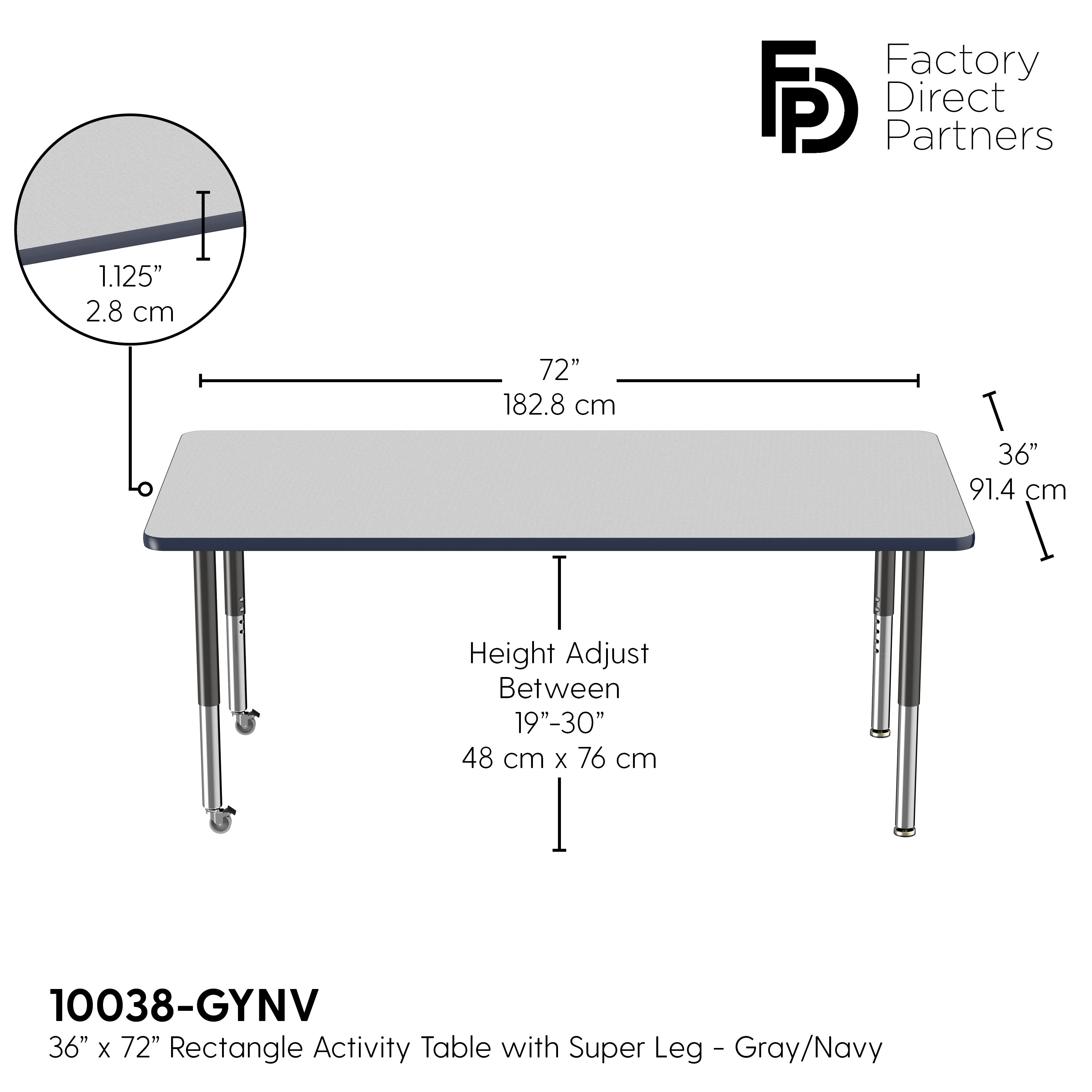 36" x 72" Rectangle T-Molding Activity Table with Adjustable Super Legs - Gray/Navy/Black