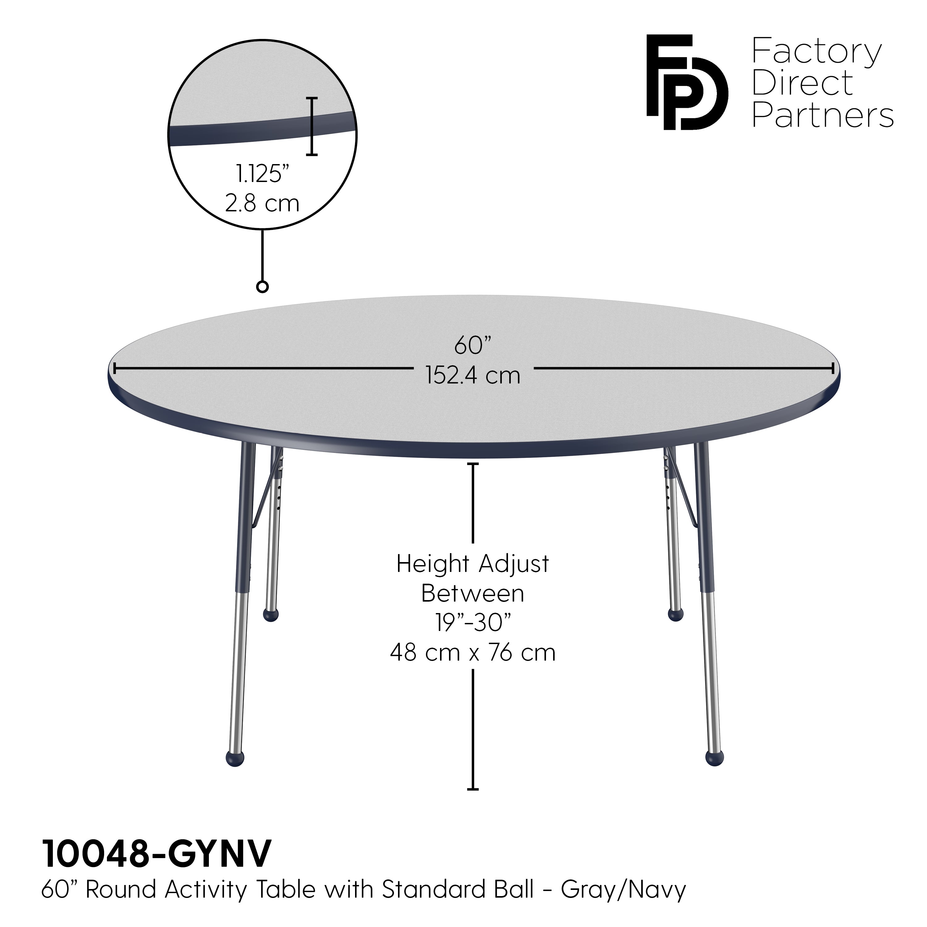 60" Round T-Molding Activity Table with Adjustable Standard Ball Glide Legs - Gray/Navy
