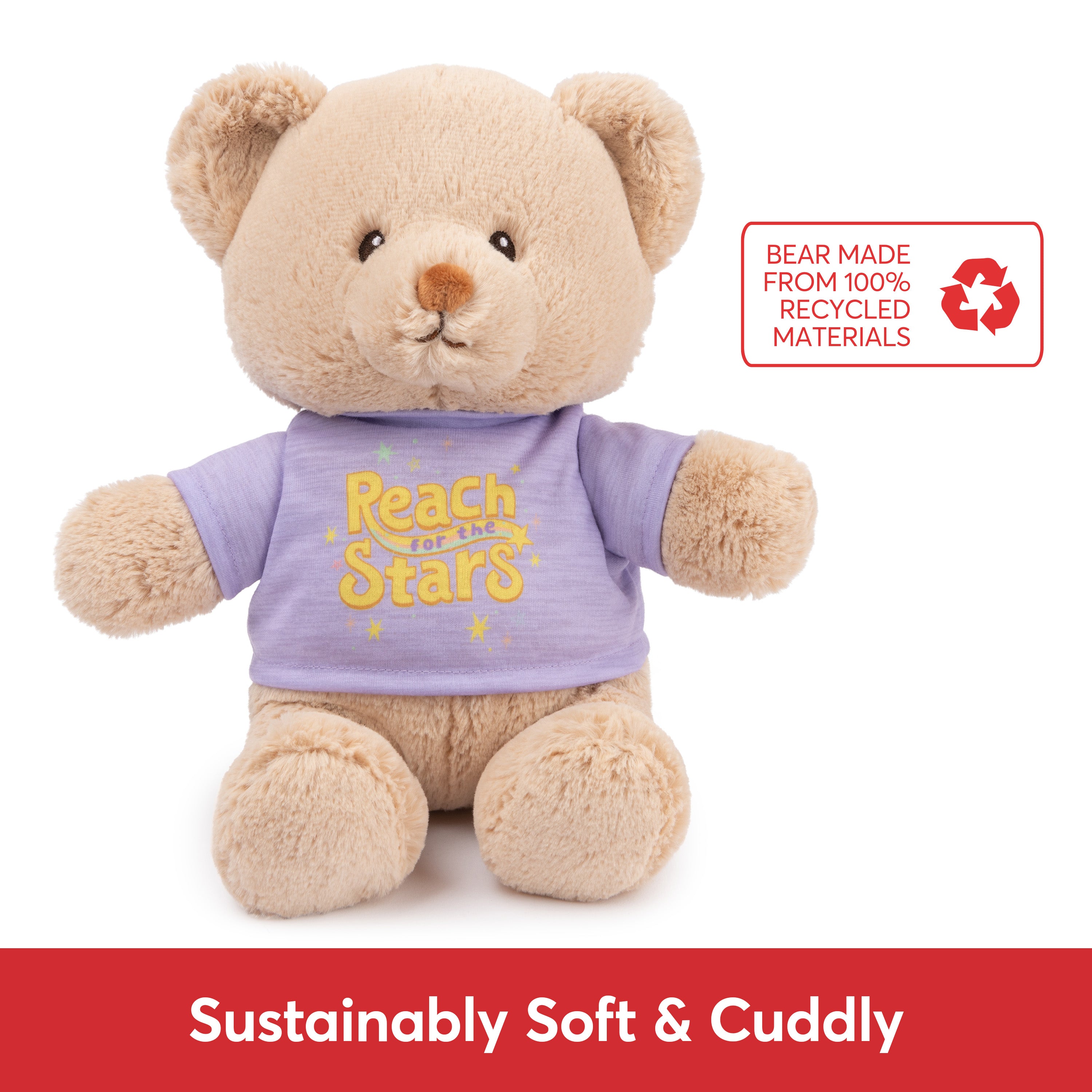 GUND “Reach for the Stars” Sustainable Message Bear with Purple T-Shirt, Teddy Bear Made from 100% Recycled Materials for Ages 1 and Up, Tan, 12”