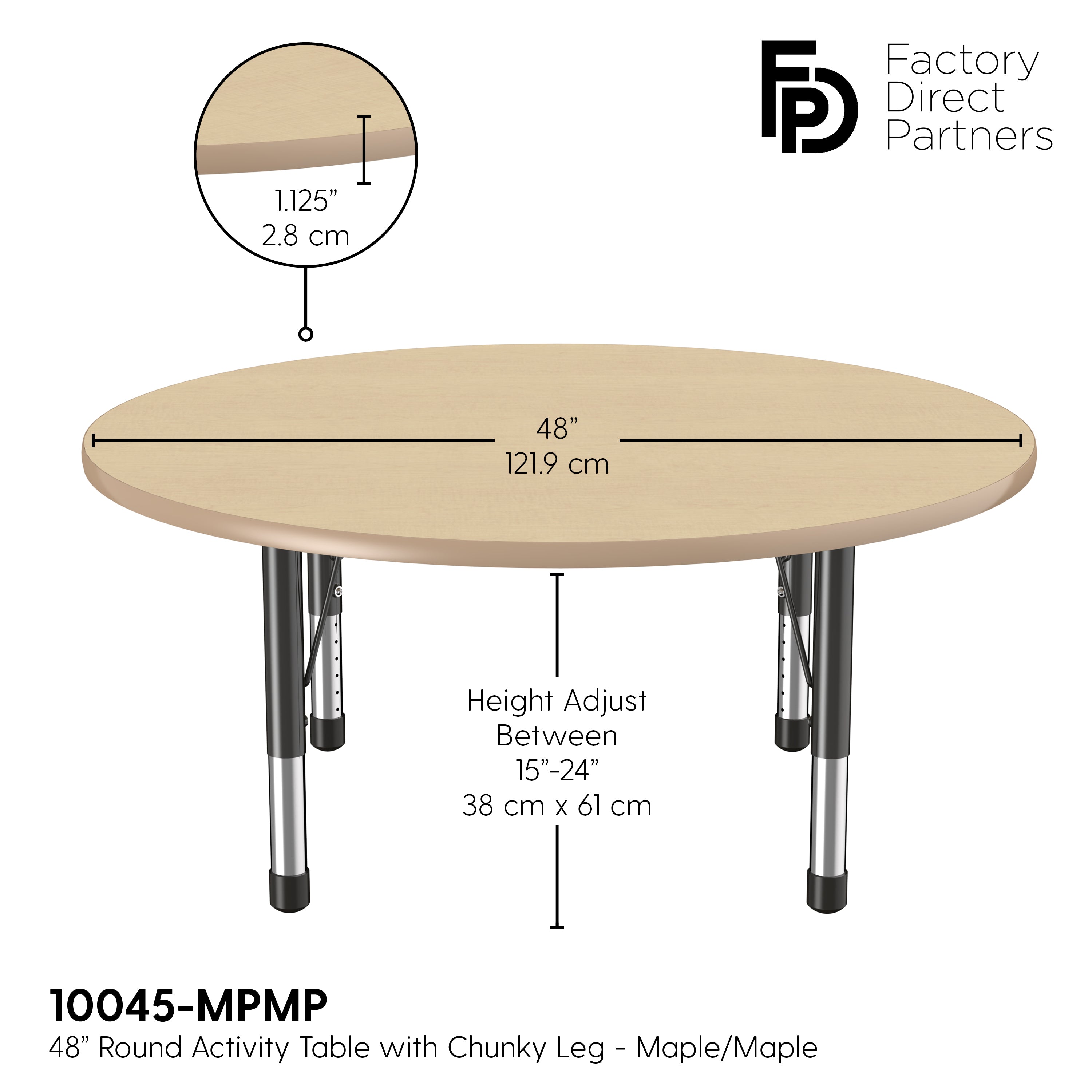 48" Round T-Molding Activity Table with Adjustable Chunky Legs - Maple/Maple/Black