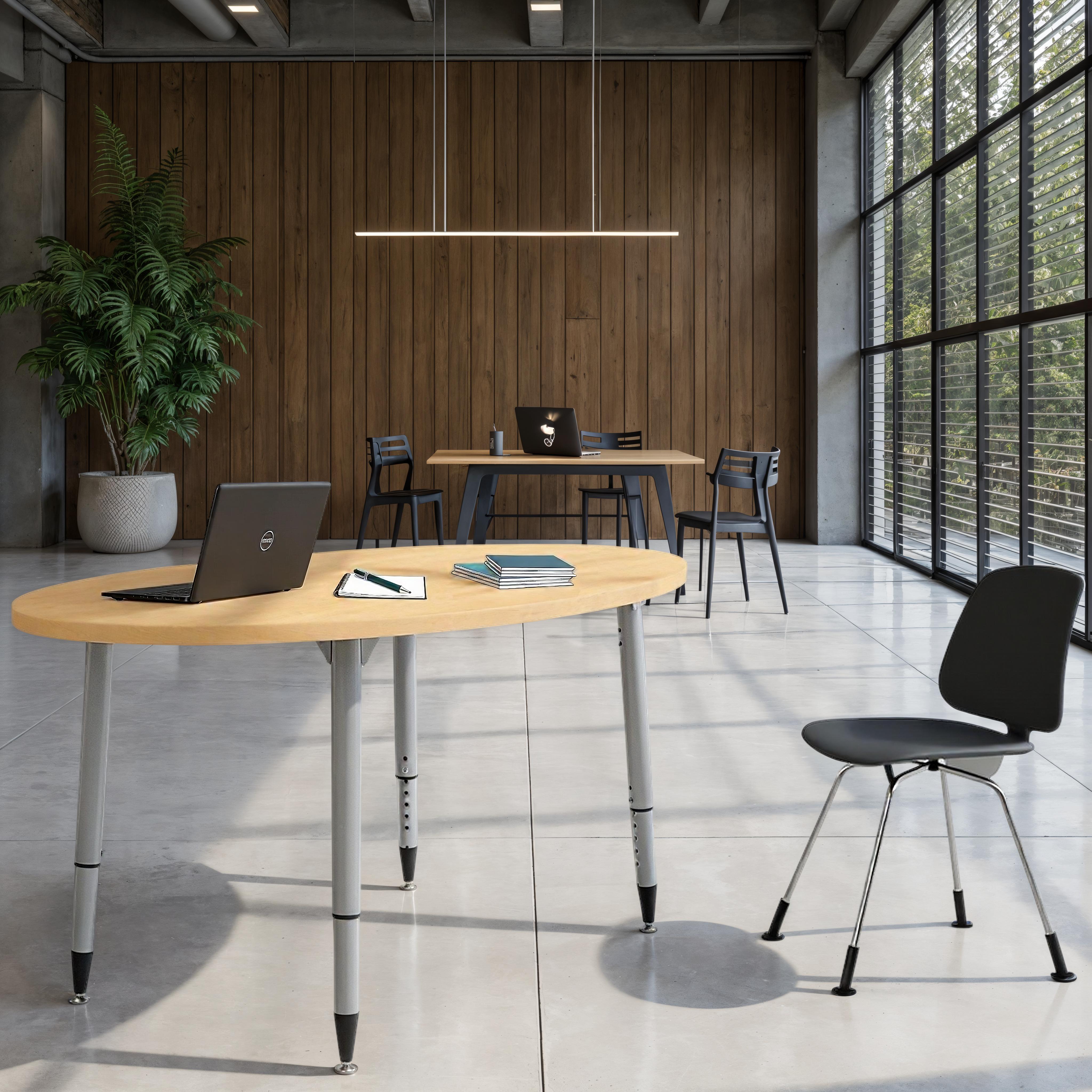 Adapte 30" x 60" Oval Woodgrain Activity Table with Adjustable Tapered Legs - Maple Grain/Silver