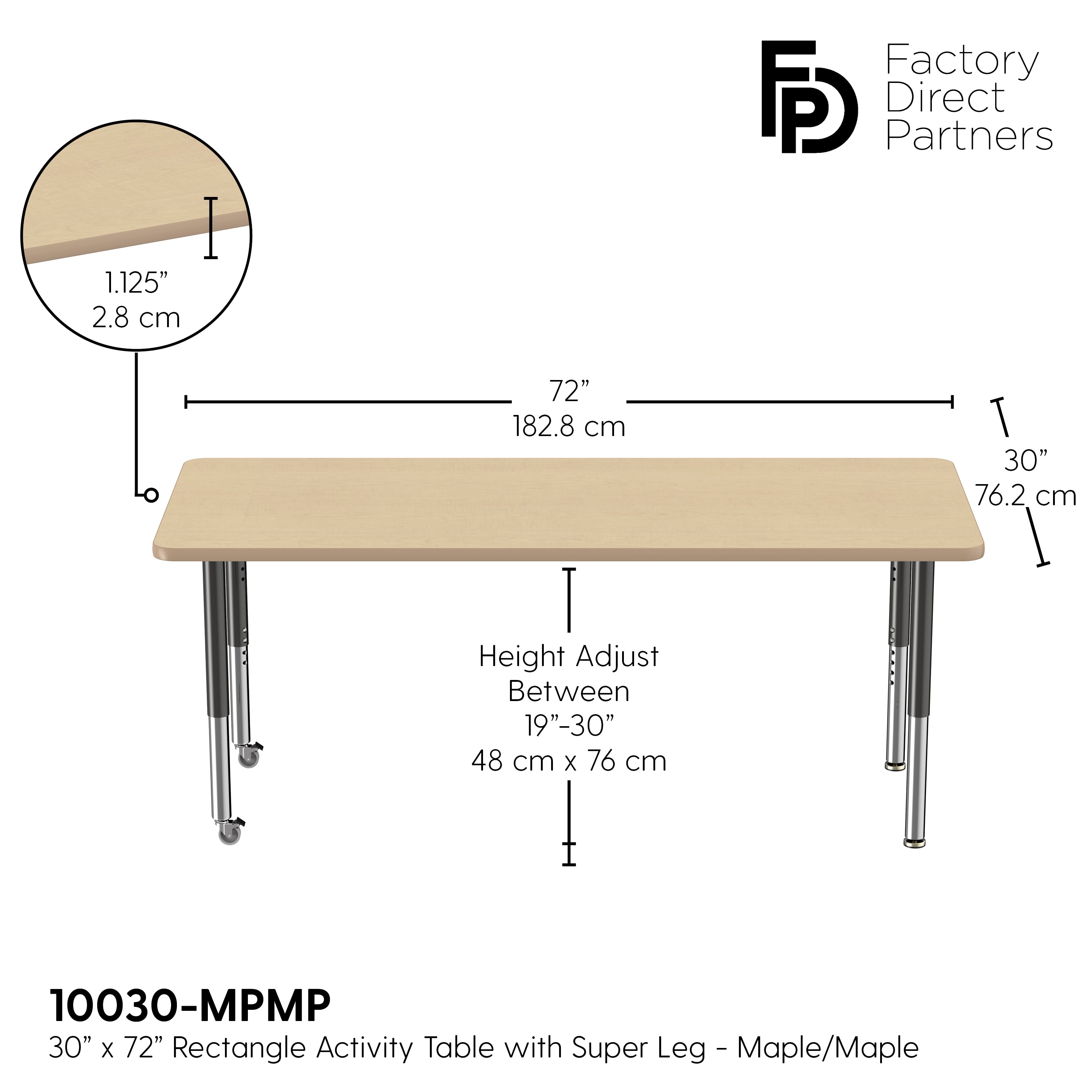 30" x 72" Rectangle T-Molding Activity Table with Adjustable Super Legs - Maple/Maple/Black